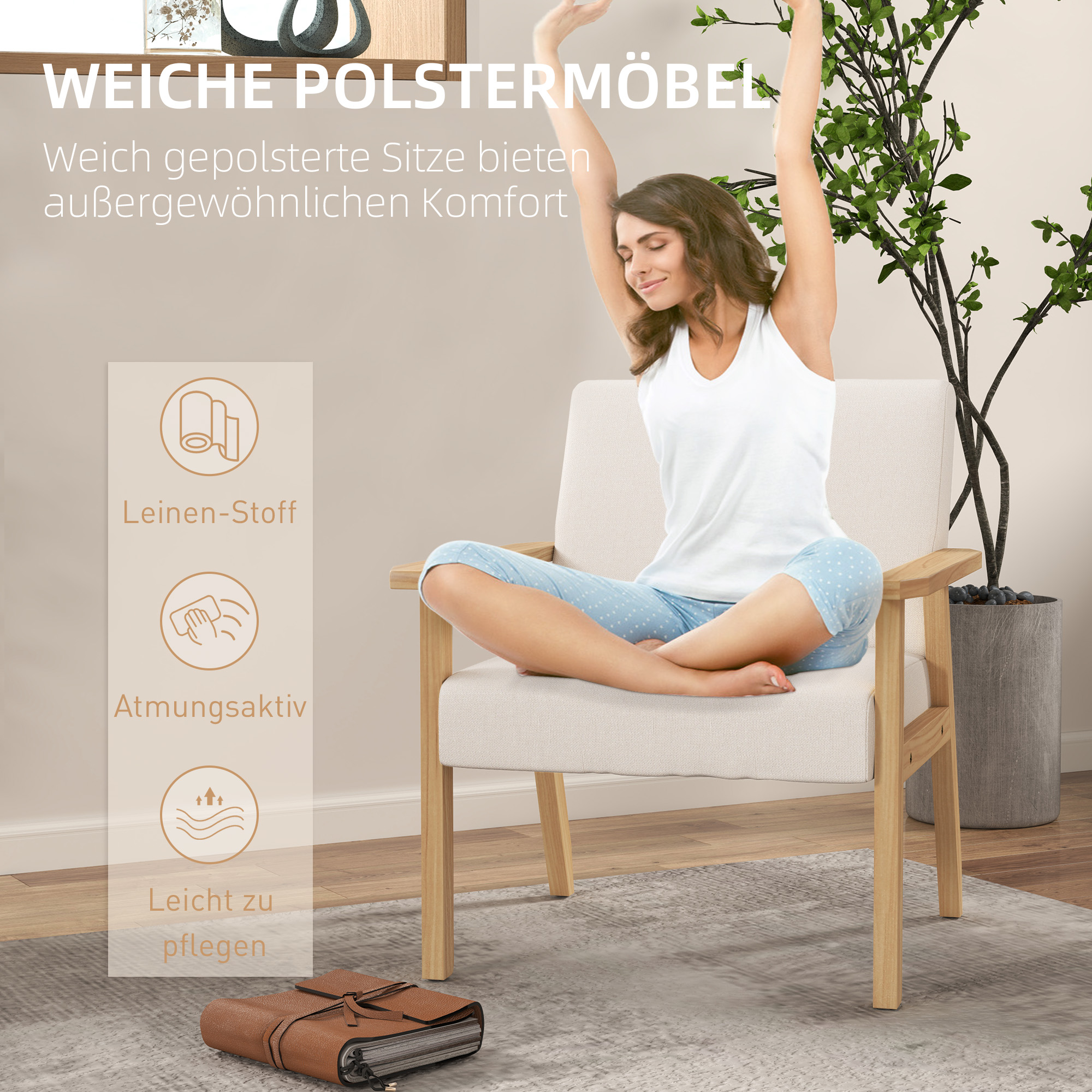 Polstersessel mit Armlehnen, Esszimmerstuhl in Leinenoptik, Massivholzrahmen, 64 x 70 x 72 cm, Creme