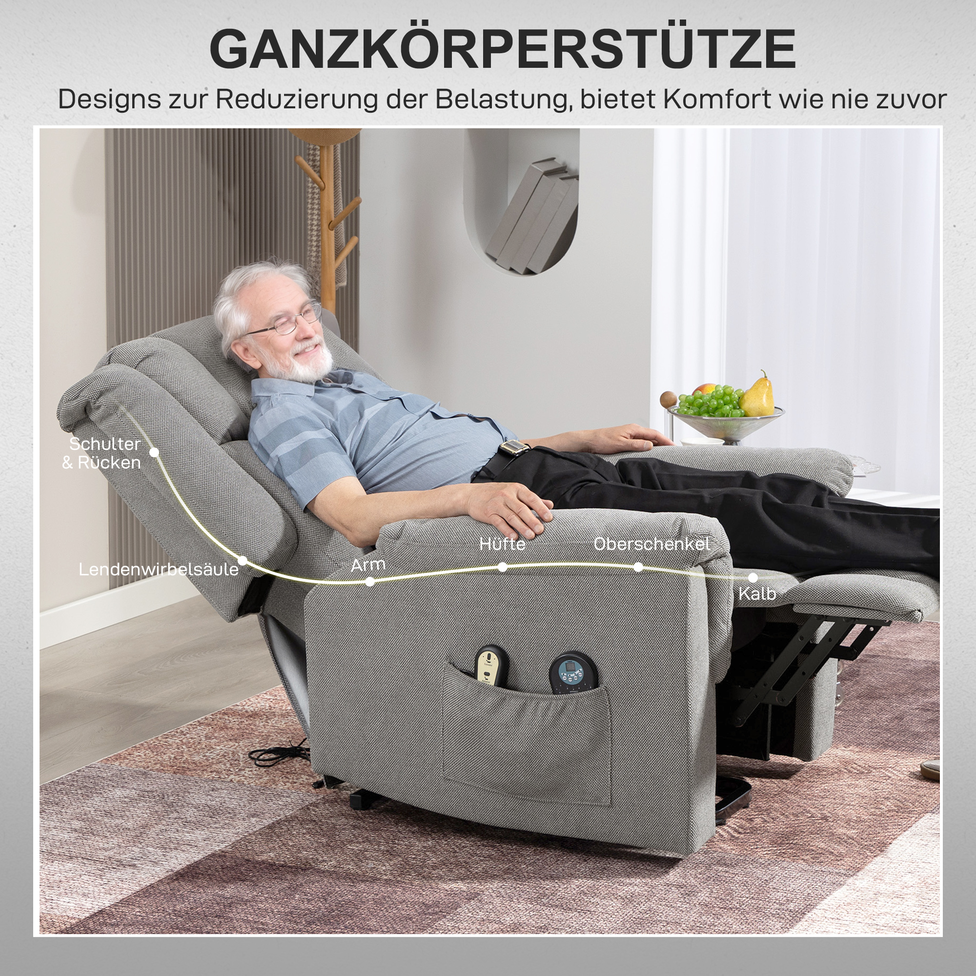 Powerlift-Sessel, Massagesessel mit Wärmefunktion, Polstersessel mit Fußstütze, Seitentasche, Stoffbezug, Dunkelgrau