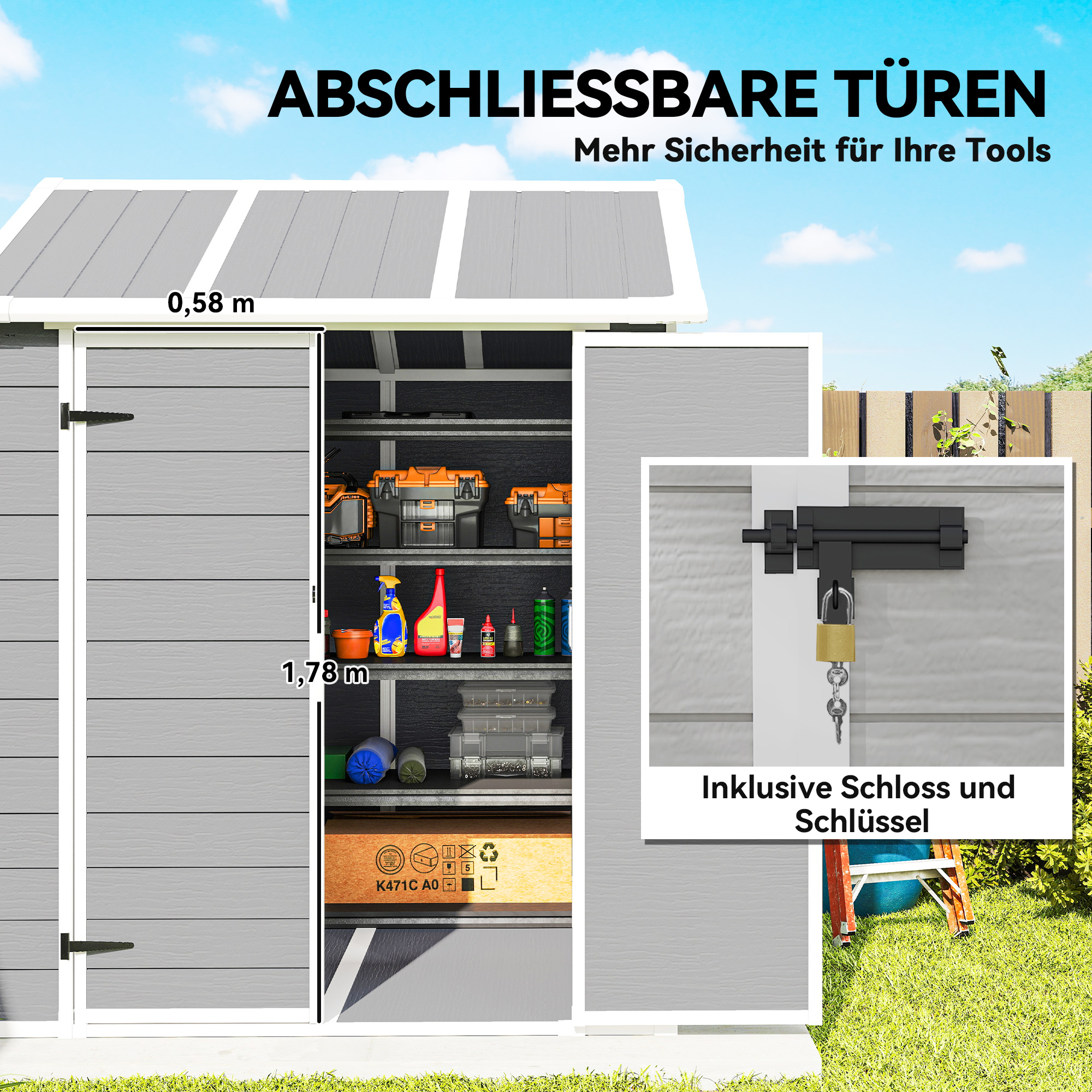 Gartenhaus, Gartenschuppen mit Fenster, verschließbare Tür, Kunststoff, Grau