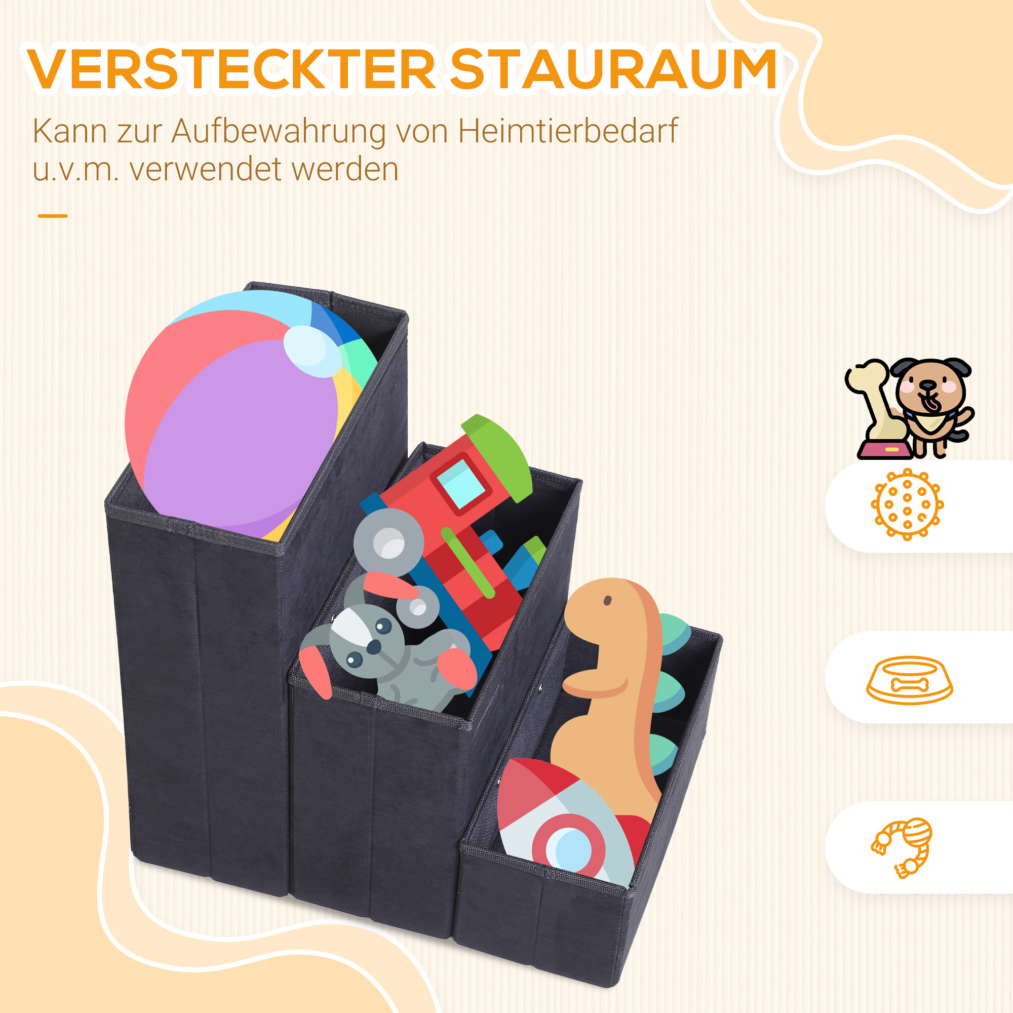 Haustiertreppe Katzentreppe Hundetreppe Faltbar 3 Stufen Tiertreppe mit Stauraum für Katzen und Hunde MDF Schwarz 40 x 54 x 48 cm