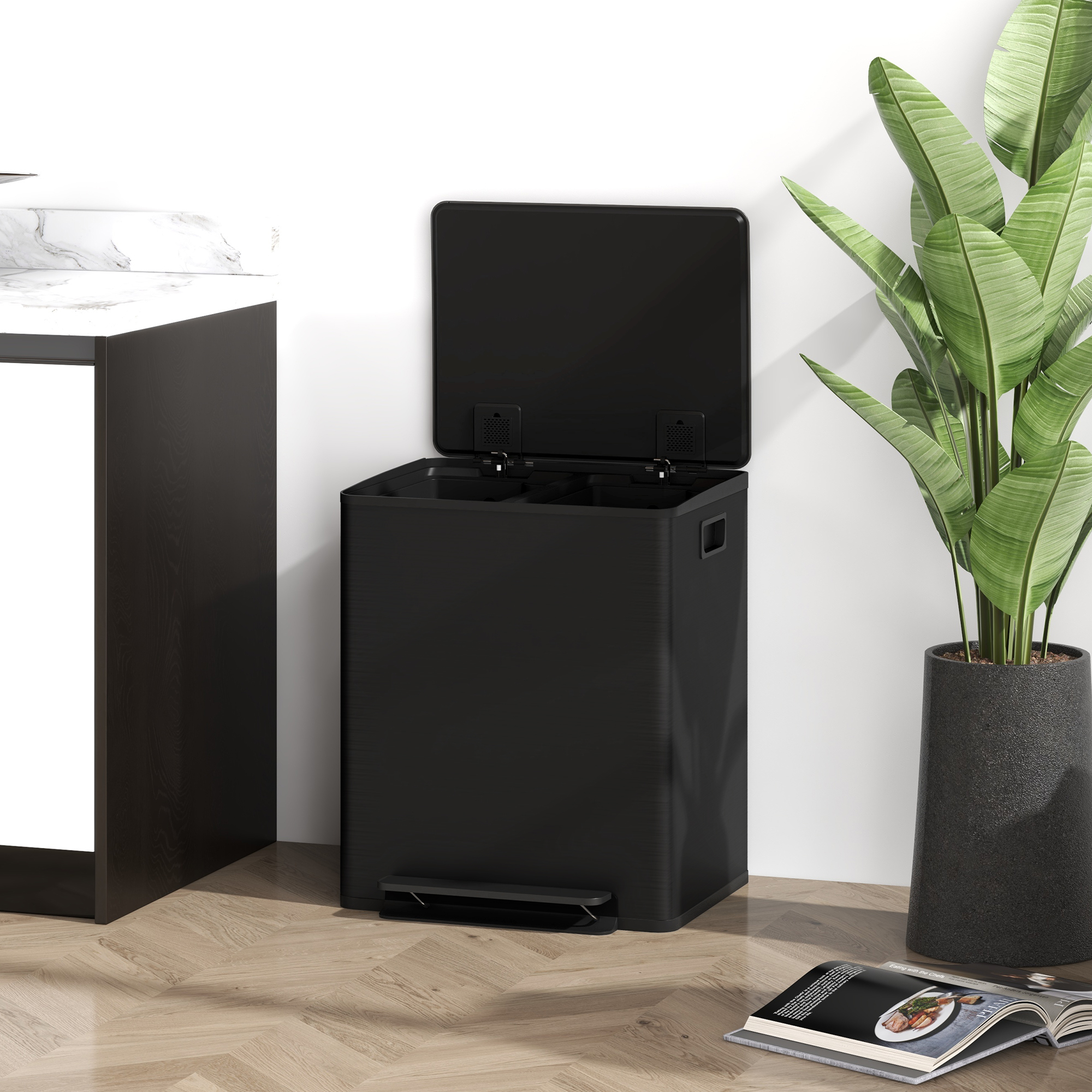 Mülleimer mit 2x25L Fächern, Soft-Close-Deckel, Fingerabdrucksicher, Edelstahl, Schwarz