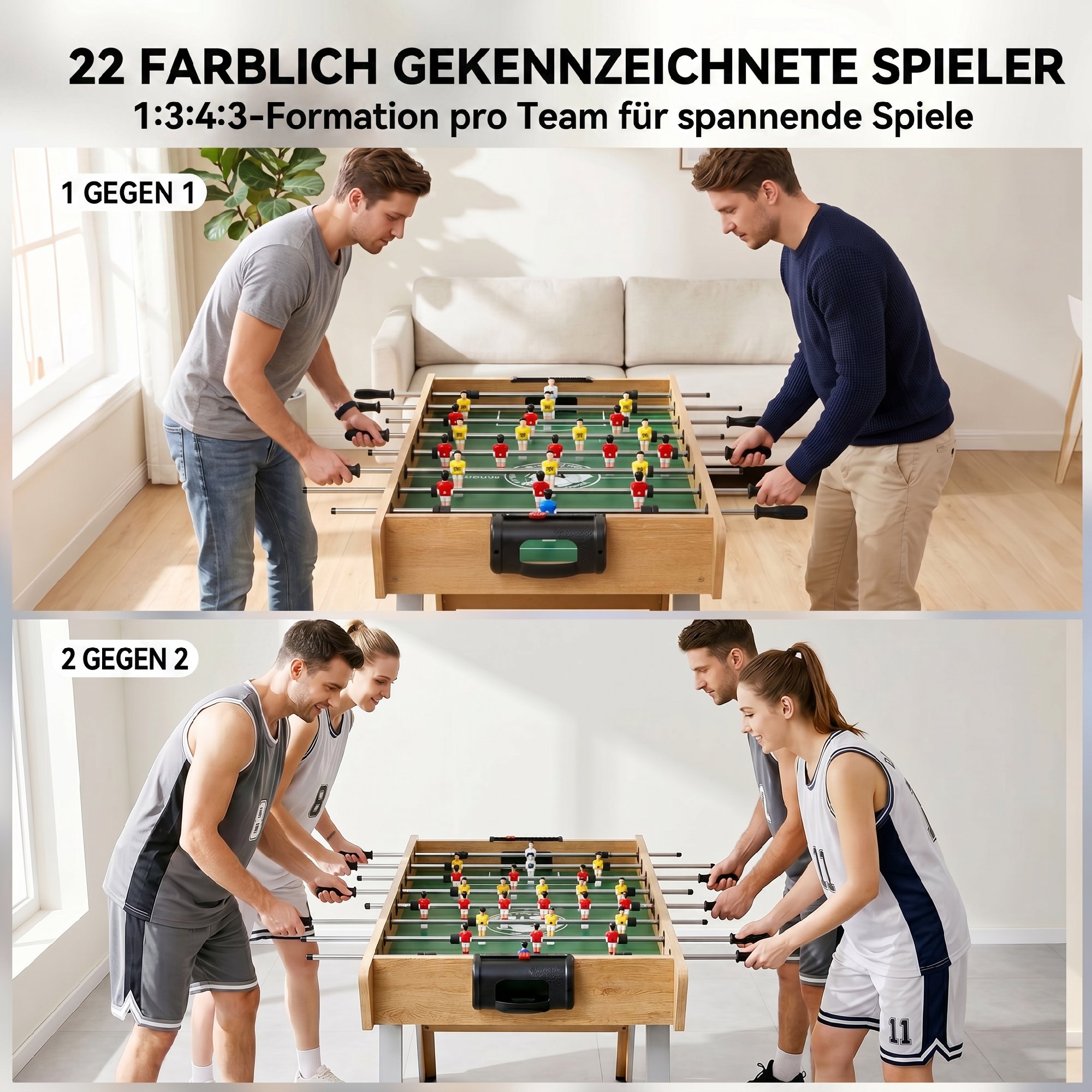 Tischkicker Kickertisch inkl 22 Kicker 2 Bälle Rutschfest Griffe Punktezähler Schräge Beine 121x87x77cm Naturholz