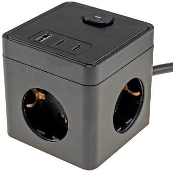 Steckdosen-Würfel mit USB 20W PD / USB-A /USB-C,3-fach, 1,5m Kabel, schwarz