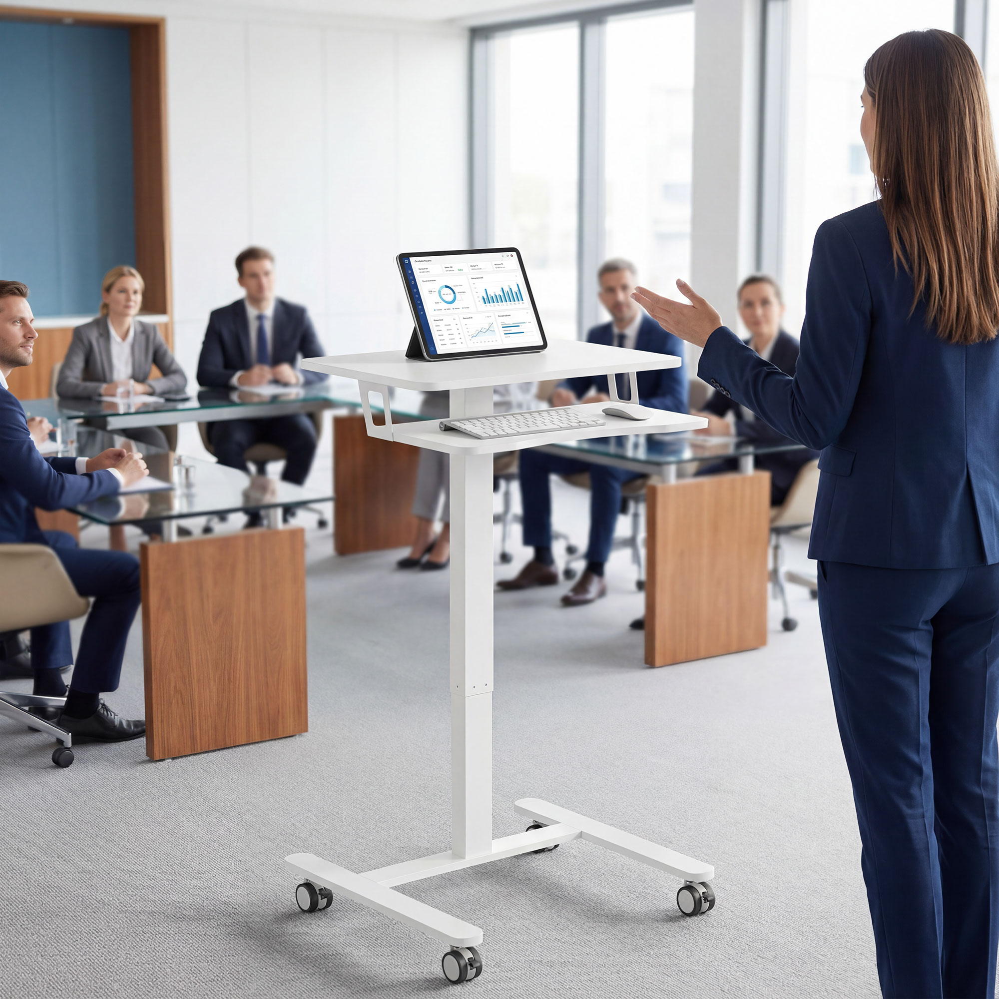 Höhenverstellbarer Stehschreibtisch, Rollbarer Sit-Stand-Schreibtisch mit Tastaturablage, Rollen und Stahlrahmen, Weiß