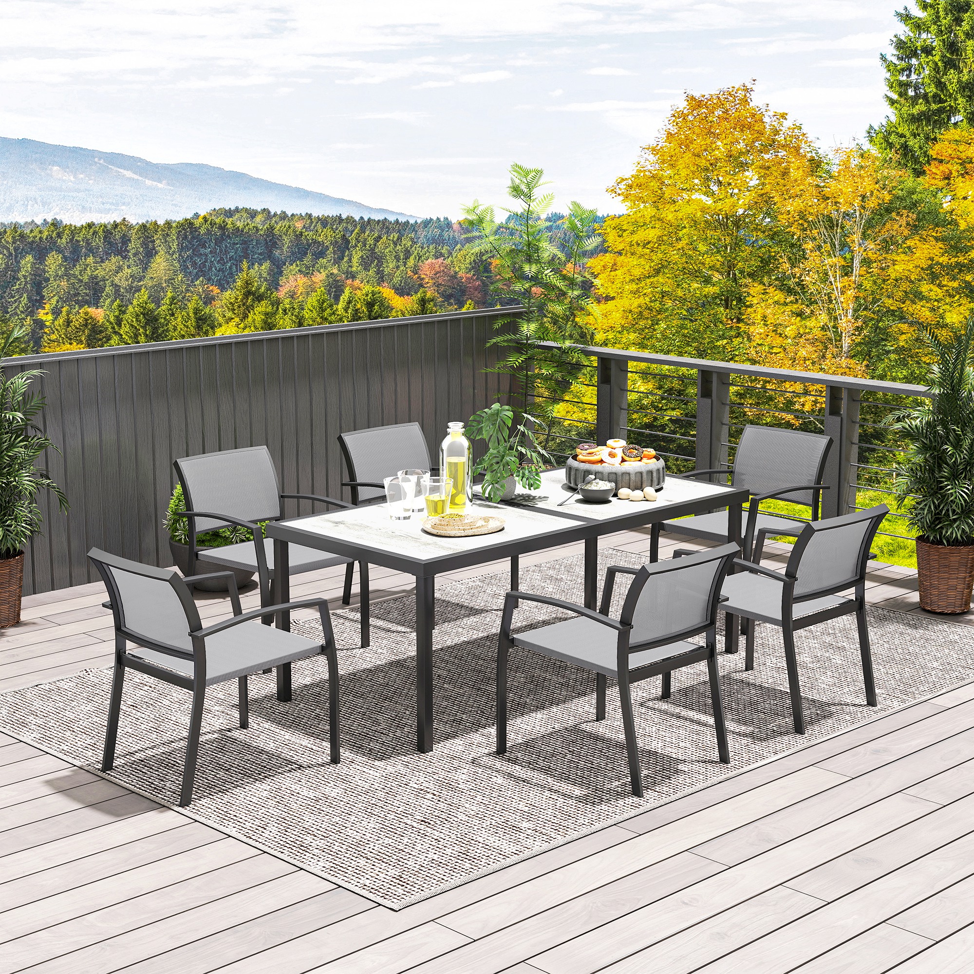 7-teiliges Ess-Set, 6 Stühle, 1 Tisch, stapelbar, leicht zu reinigen, Stahlrahmen, Gartenmöbel-Set, Grau