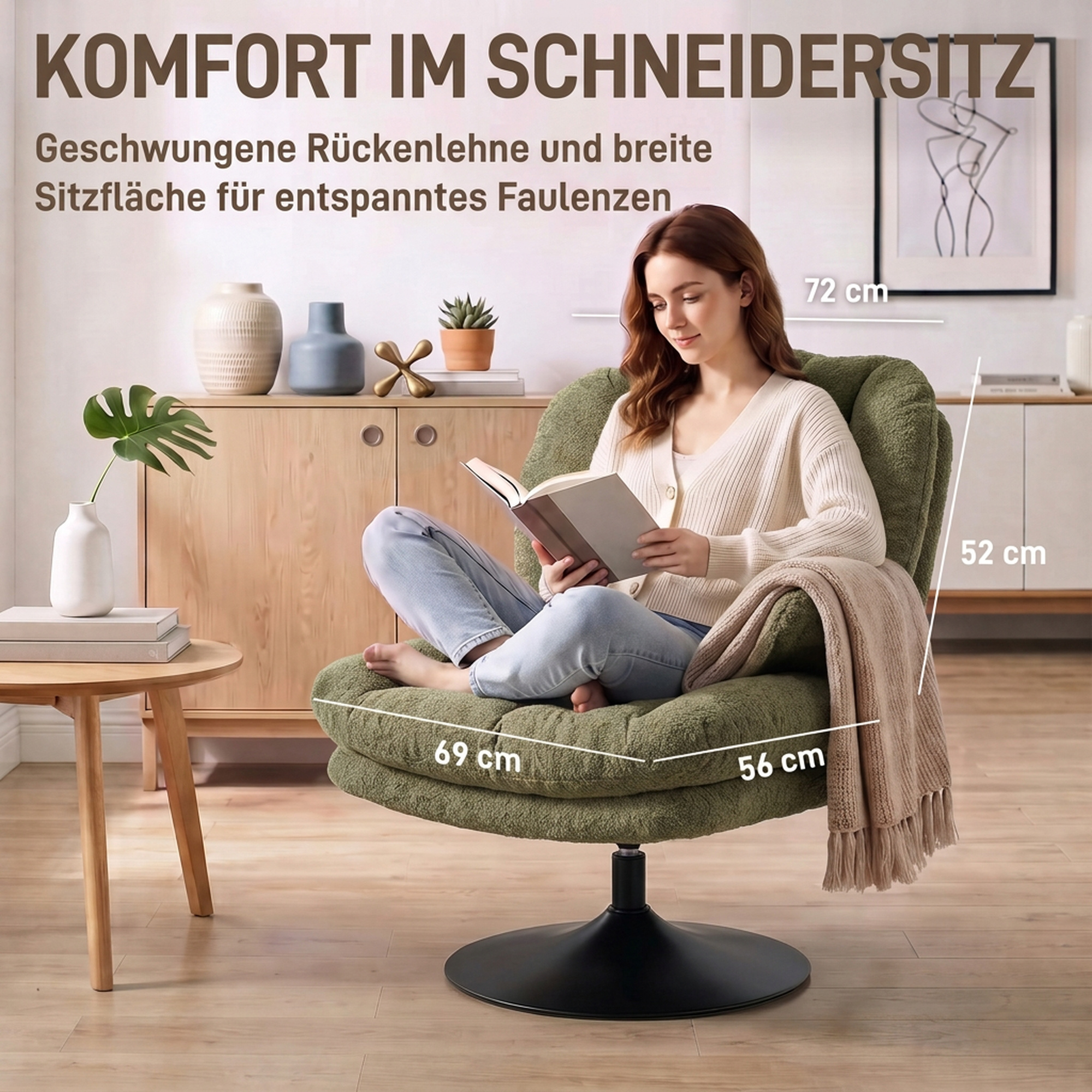 Loungesessel mit Hocker, 360° drehbar, aus Raindrop-Samt, höhenverstellbarer Fußhocker, Grün