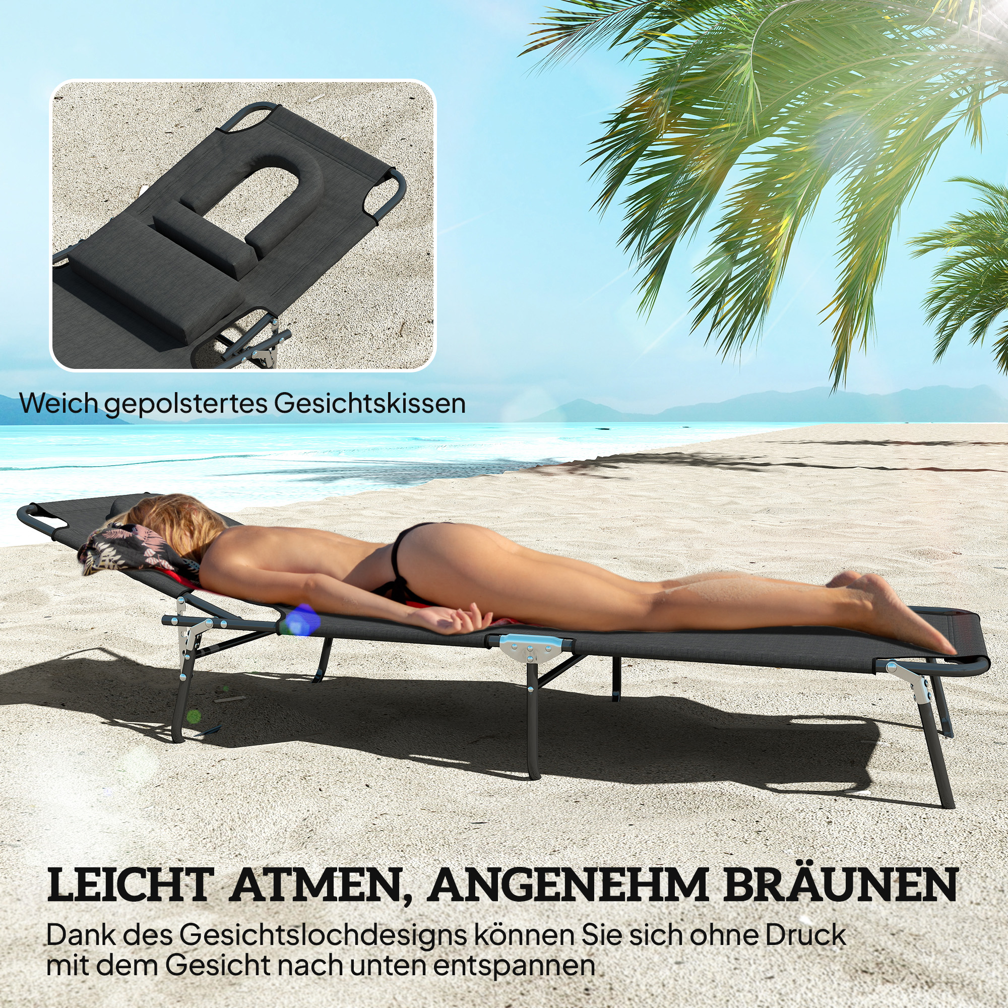 Sonnenliege mit Gesichtsloch & Kissen, klappbar, wasserabweisender Bezug, Metallrahmen, Schwarz