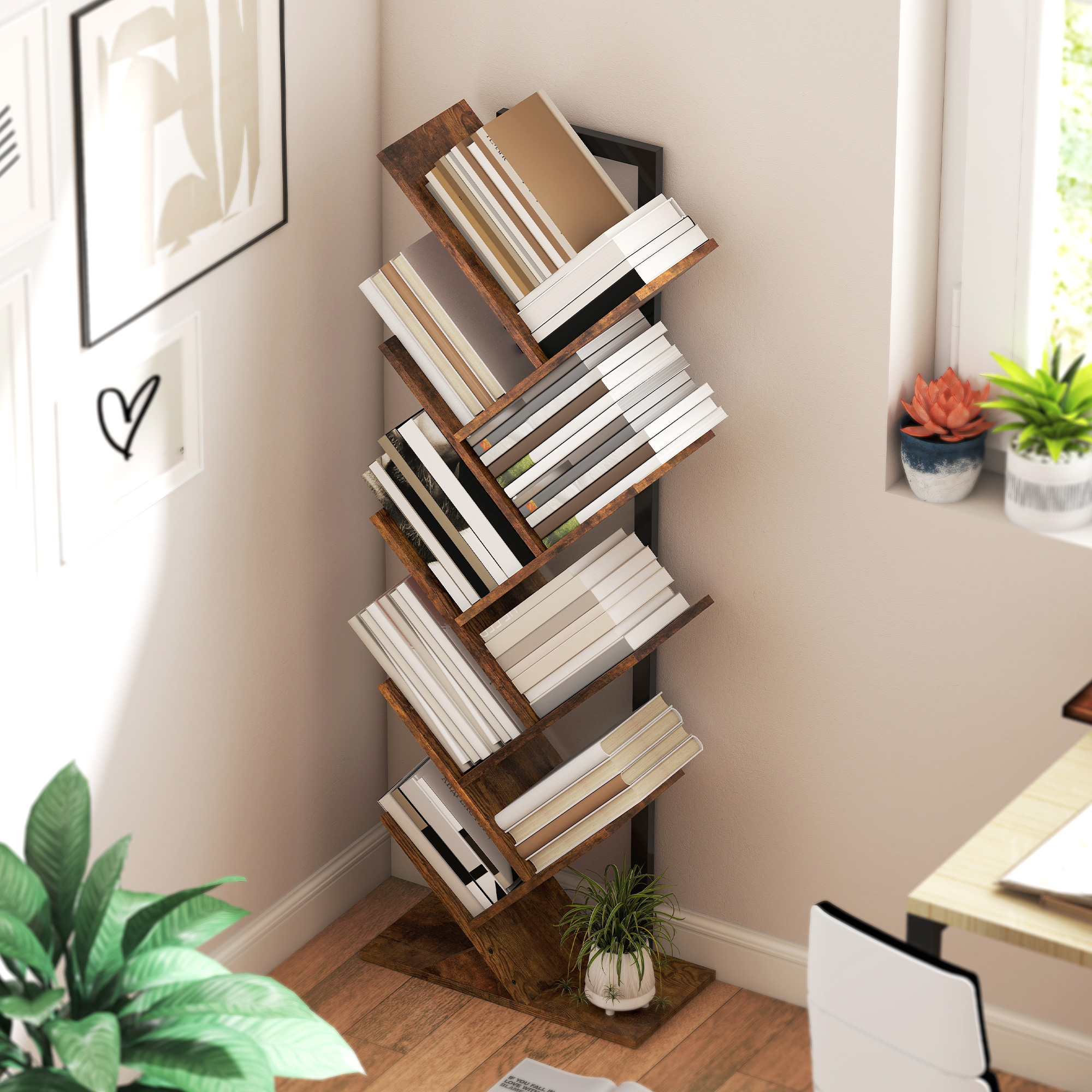 Bücherregal Standregal mit 9 Ebenen Schmal Regal im Baumform für Büro, Rustikal Braun