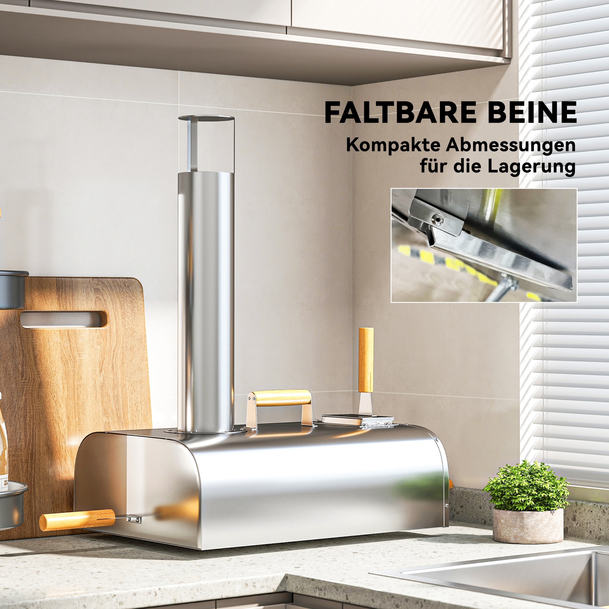 Outdoor-Pizzaofen, Tragbarer Pizza-Ofen mit Pizzastein und Schaufel, klappbare Beine, Schornstein, Edelstahl