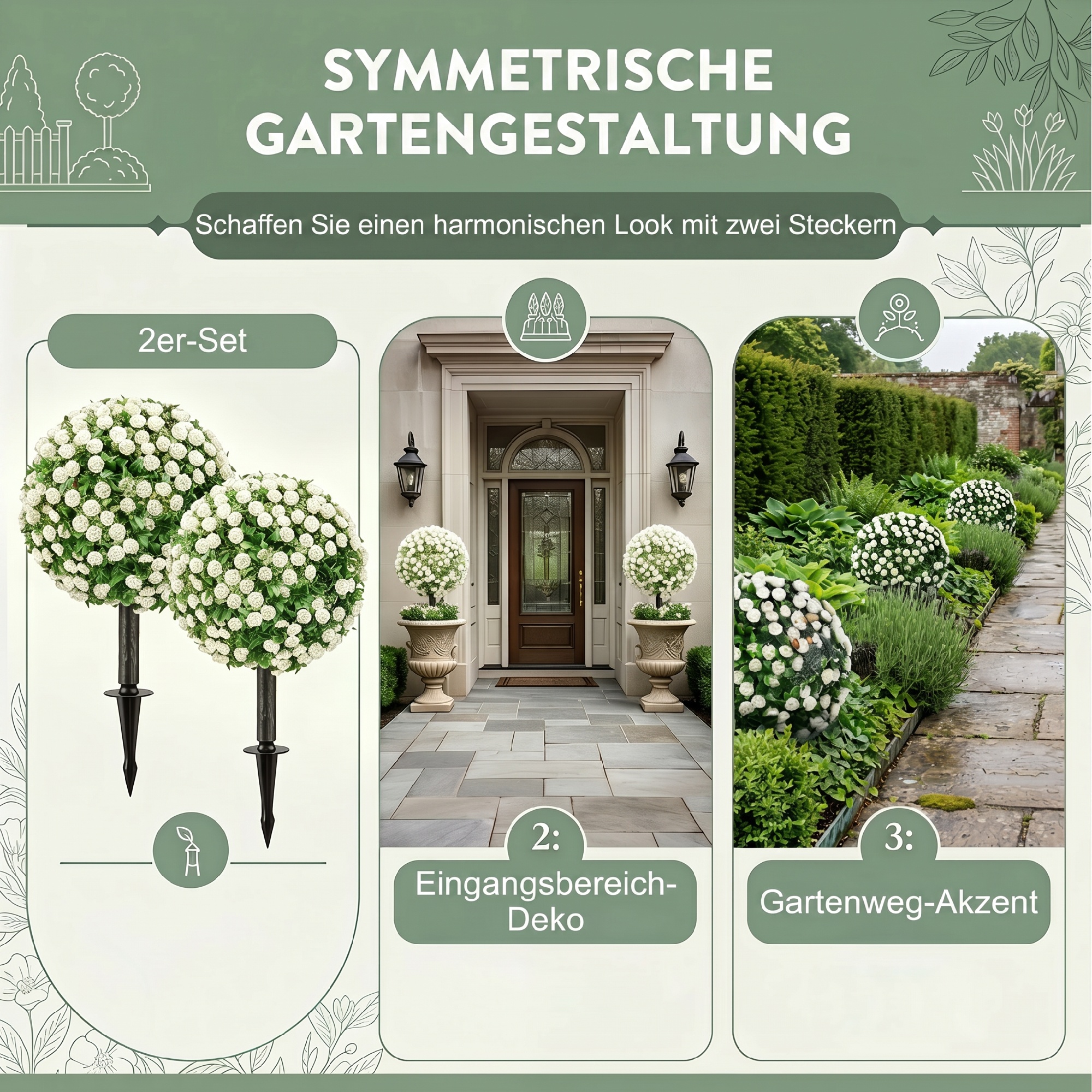 Künstliche Rosenkugeln UV-beständig für den Außenbereich, Set aus 2 Rosenbäumen, 55 cm, Weiß