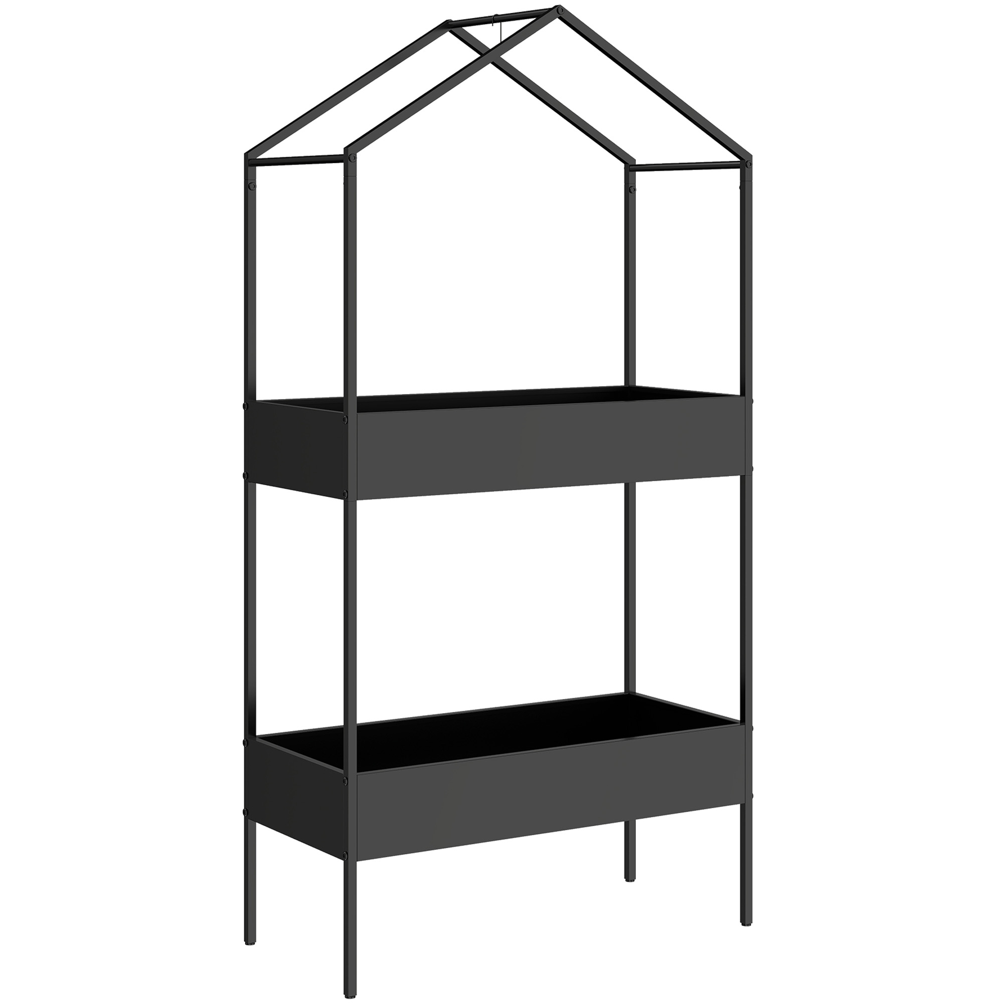 2-Etagen Pflanzenständer in Hausform, 150 cm hoch Blumenständer mit Haken, Metall Schwarz