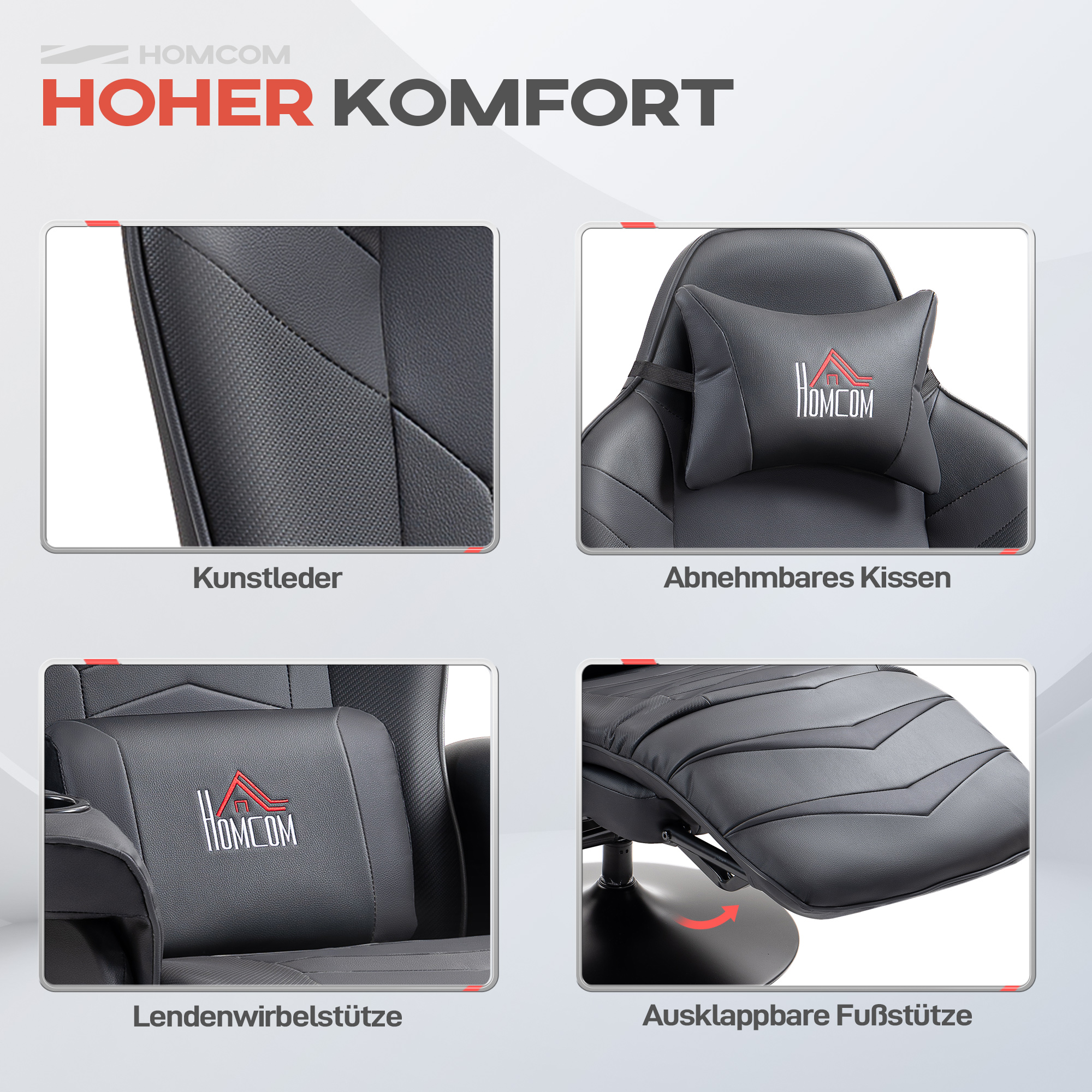 Gamingsessel, Massagefunktion, neigbare Lehne, Fußstütze, bis 120 kg, Stahlrahmen, Kunstleder, Schwarz