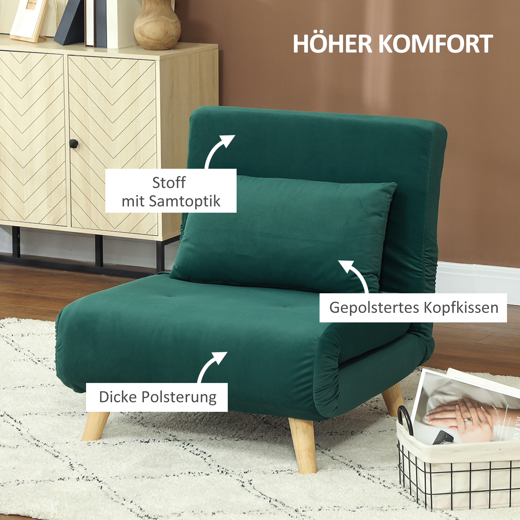 Klappsessel mit Bettfunktion, Klappbarer Relaxsessel in Samtoptik, Verstellbare Lehne, bis 120 kg belastbar, Dunkelgrün