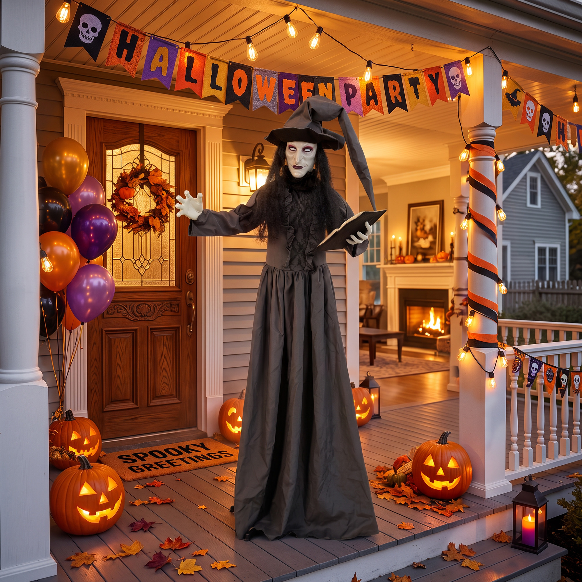 180 cm Halloween Animierte Hexe Dekoration Lebensgroß mit leuchtenden Augen, Gruseliger Sound, Berührungsaktivierung