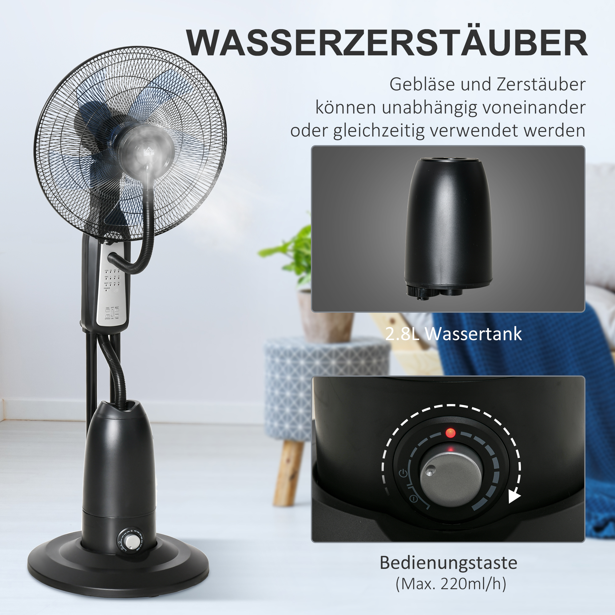 Standventilator, Luftbefeuchter, mit 2,8L Tank, 3 Modi, Fernbedienung, mobil, schwarz, Ø44,5  x 120 cm