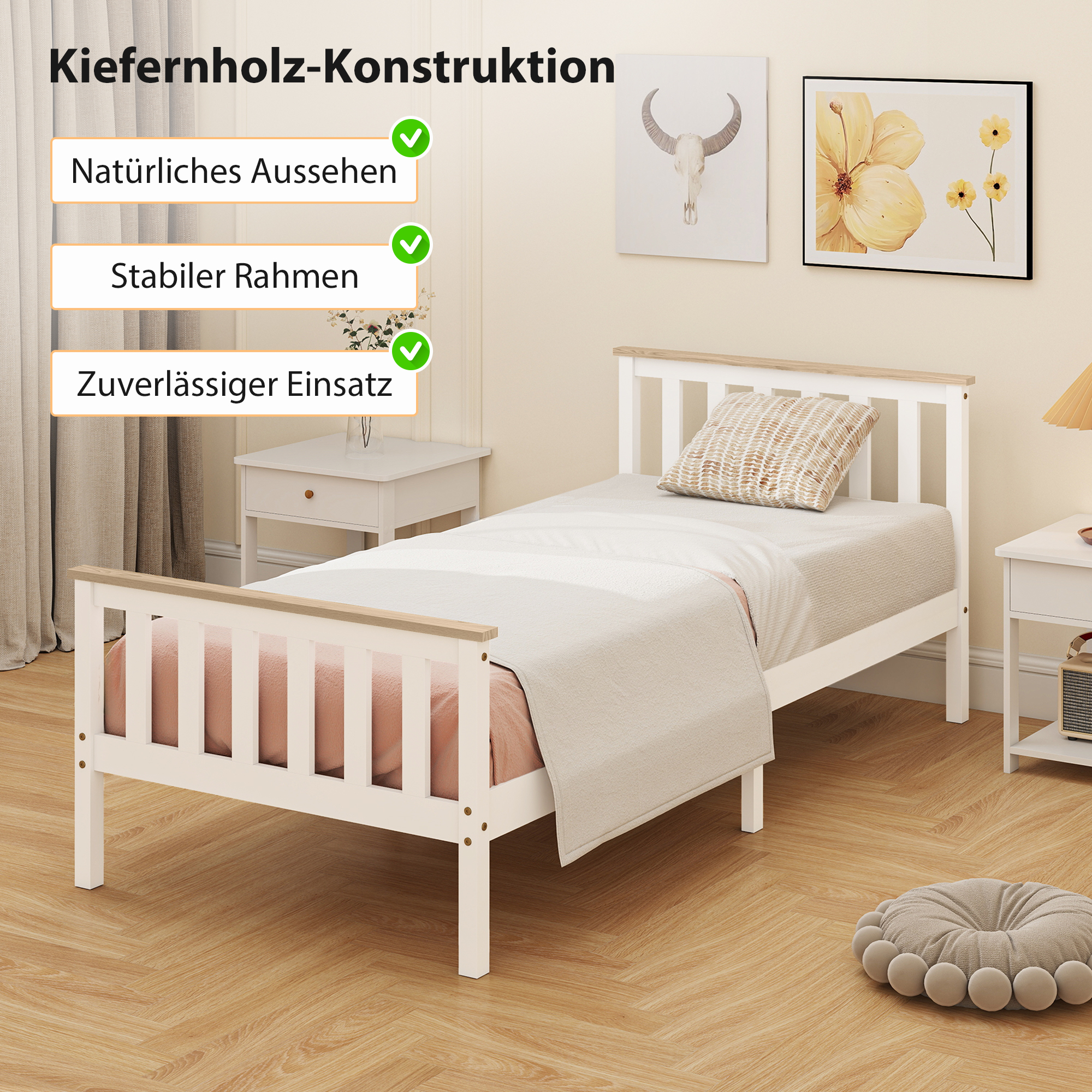 Einzelbettrahmen, Bettrahmen aus Holz, unterer Stauraum, Naturholz, Weiß
