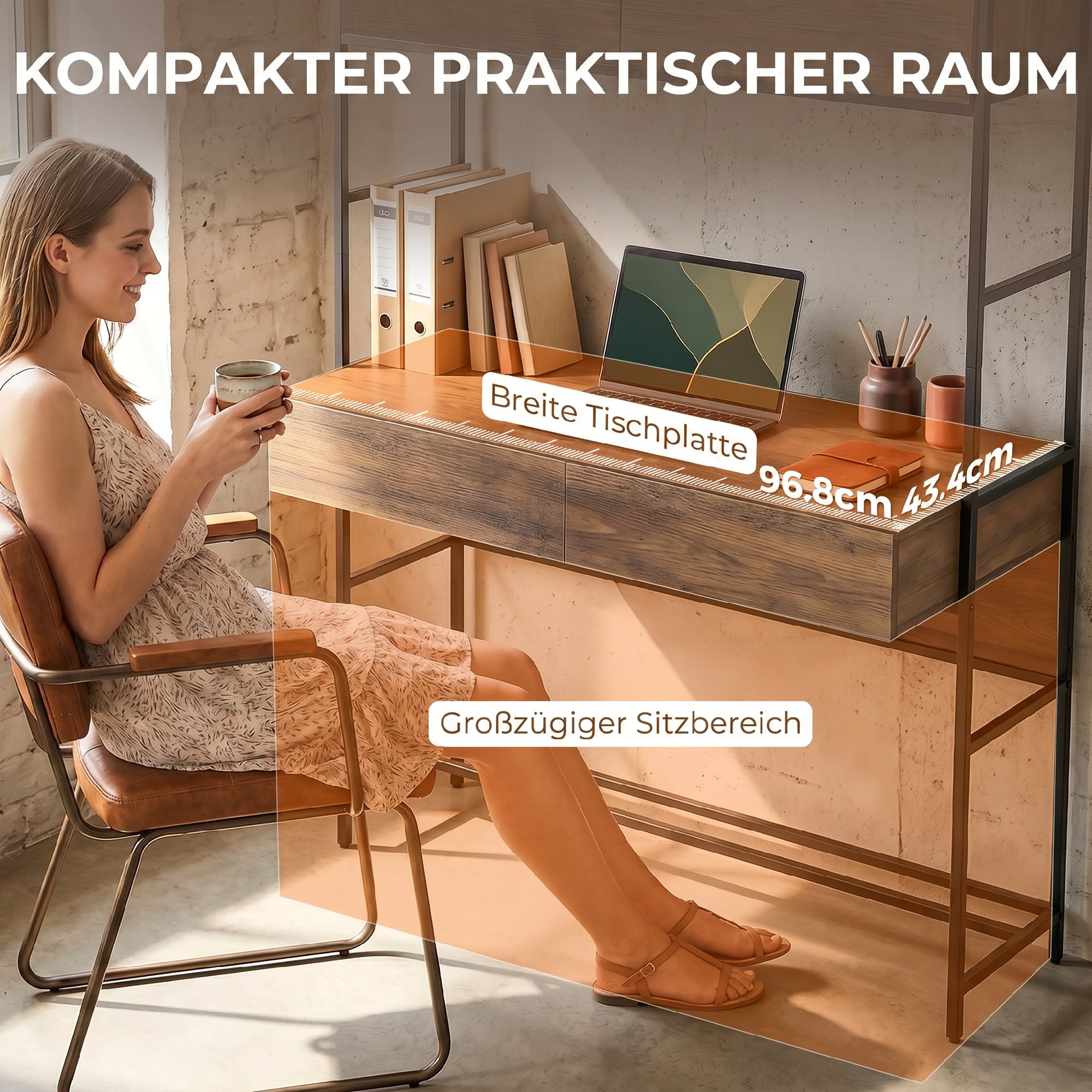 Computertisch mit Regalen und 2 Schubladen für das Home Office, 185 cm hoch, Braun Holzoptik