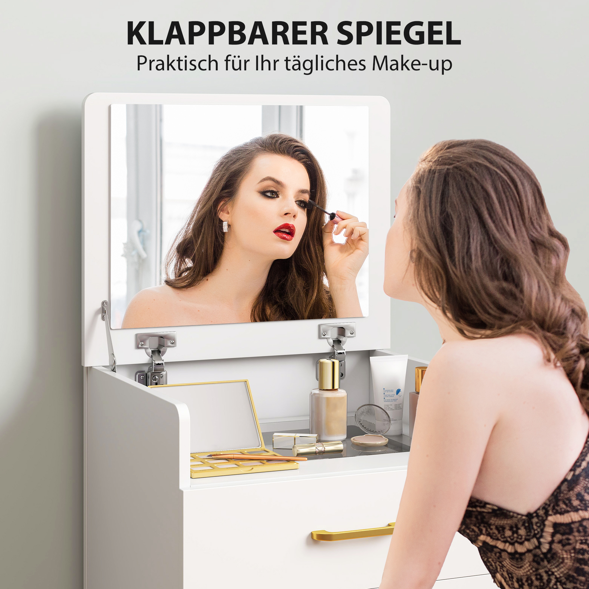 3-in-1-Schminktisch mit Spiegel, Nachttisch, Rollhocker, Schubladen, Weiß