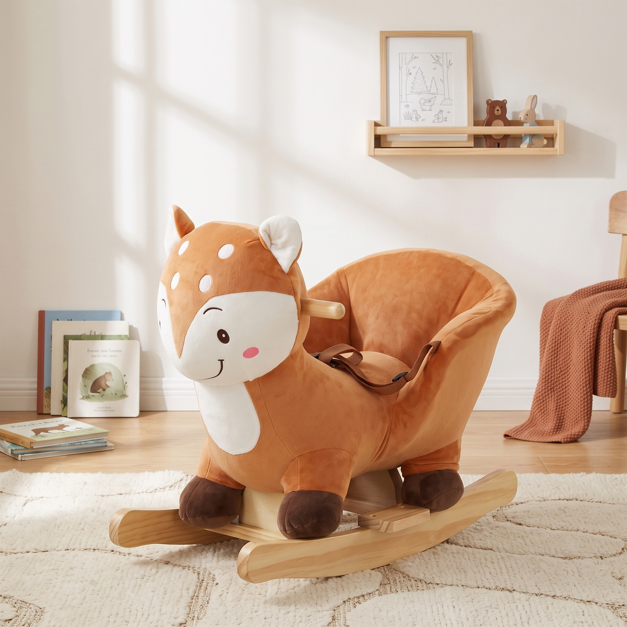 Schaukelpferd im Hirsch-Design, stabiles Plüsch-Schaukelpferd mit Tiergeräuschen, Sicherheitsgurt und Schaukelstopp