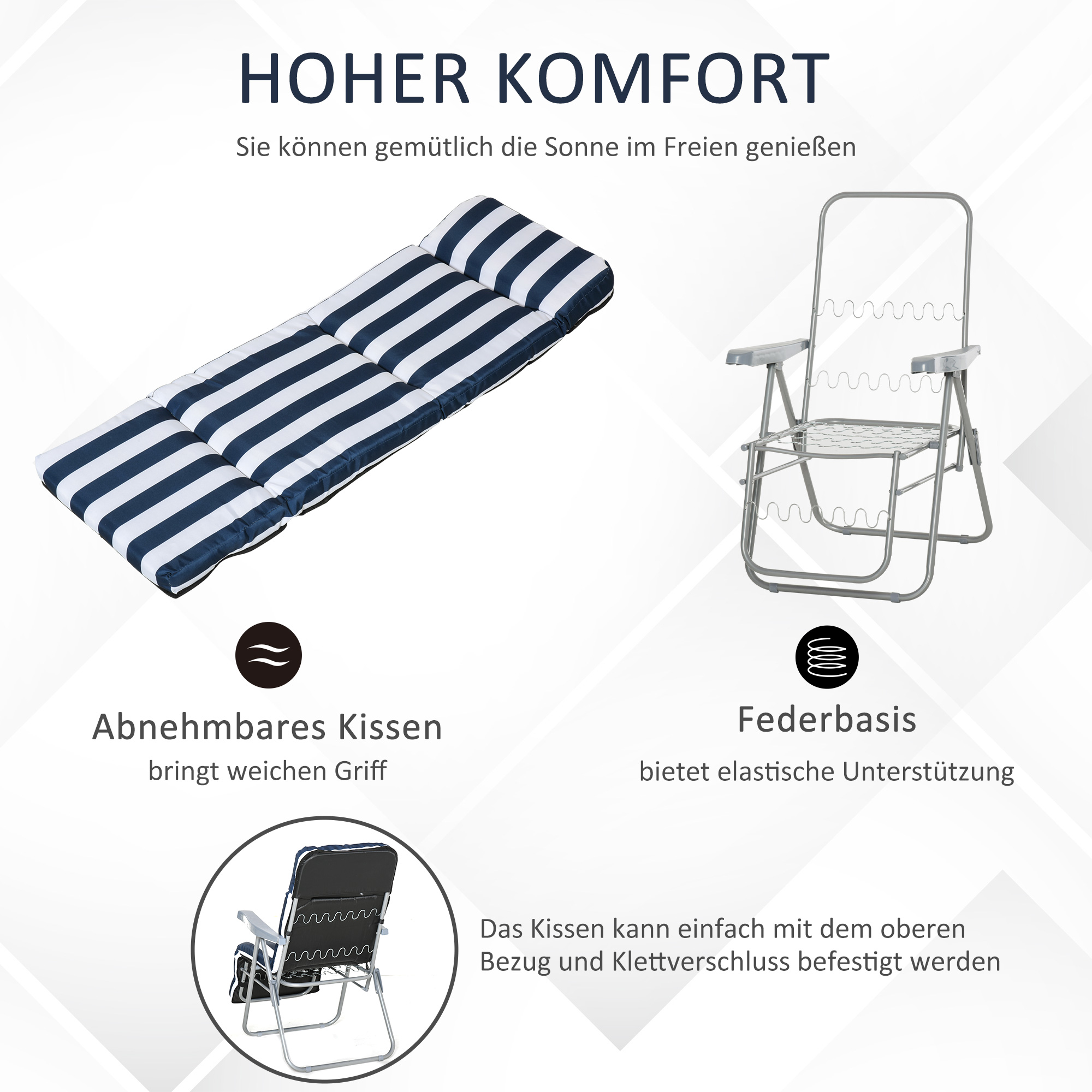 2 x Klappstühle Gartenstuhl Sonnenliege Armlehne klappbar 5 Positionen Auflage Blau 60 x 75 x 102 cm