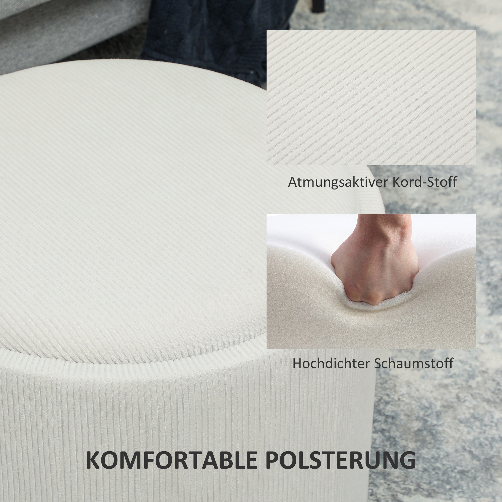 Aufbewahrungshocker mit Stauraum, rund, Fußstütze, Cordstoff, MDf, Cremeweiß