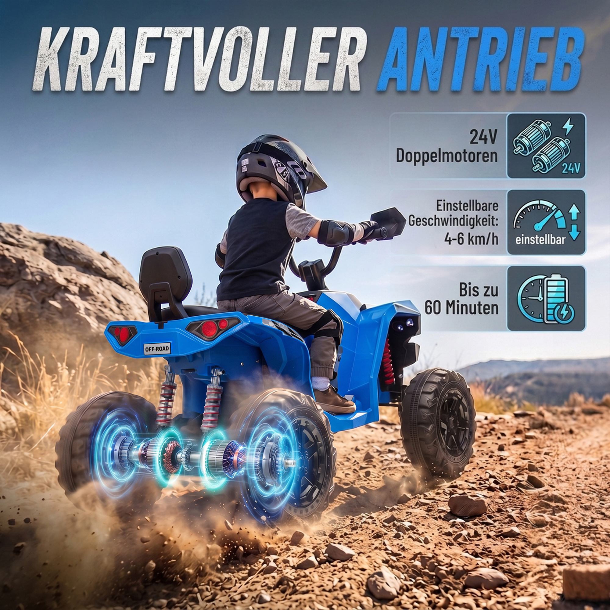 Kinder Quad Elektro 24V 2-Sitzer Elektro ATV 4–6 km/h Kinderquad mit Lithium-Akku 2 120W Motoren 4-Rad-Federung