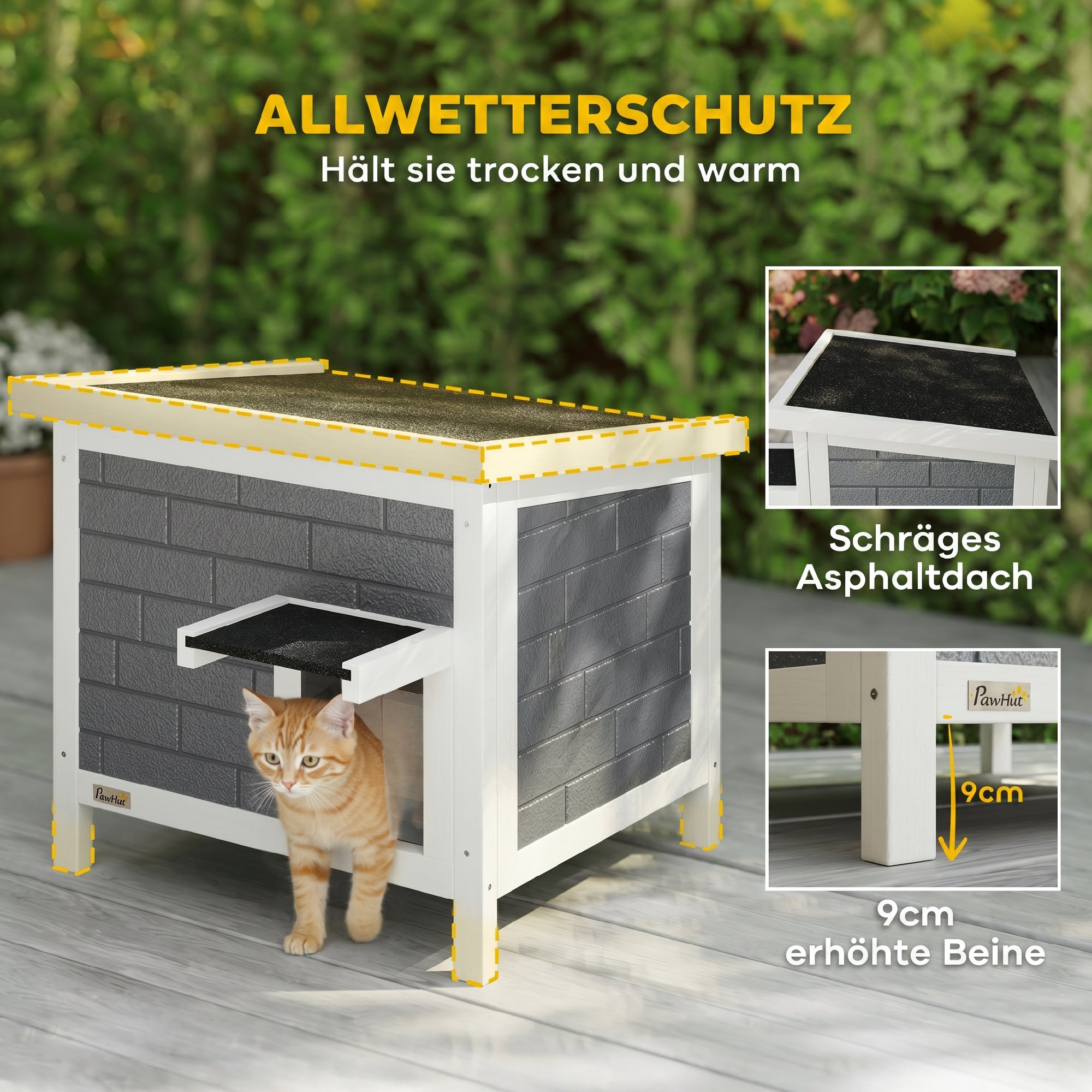Katzenhaus Wetterfeste Katzenhütte aus Holz mit aufklappbarem Dach Aluminium-Isolierplatten Asphaltdach 61x51x53,5 cm