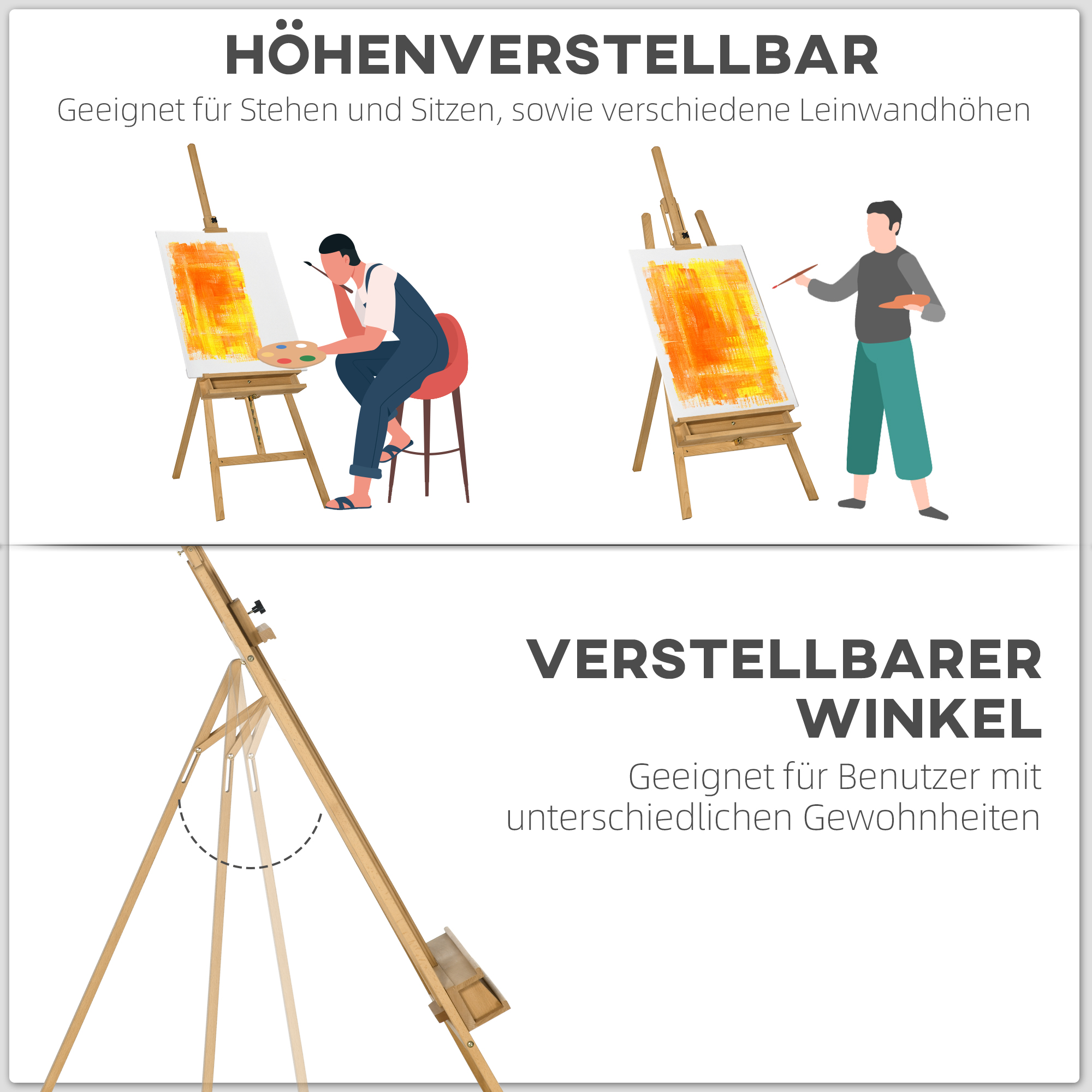 Staffelei, Holzstaffelei, höhenverstellbar, klappbar, Stiftablage, Buchenholz, 65 x 110 x 180-235 cm
