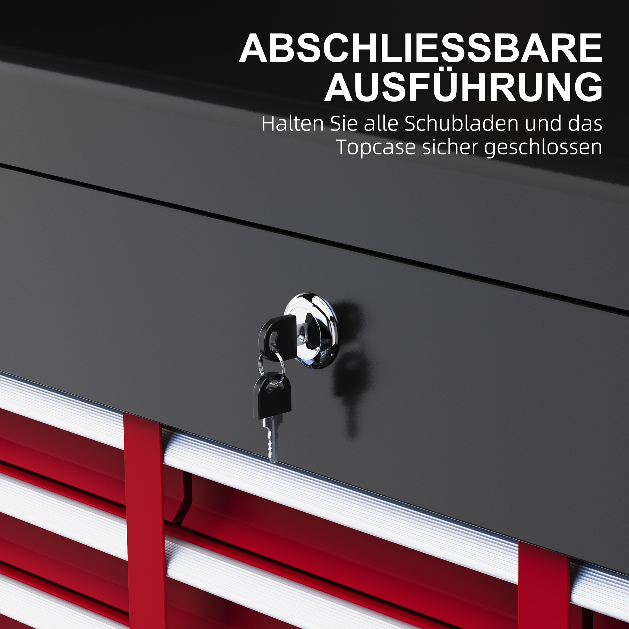 Werkzeugkiste, abschließbar, 3 Schubladen, Stahlgehäuse, 60x26x34cm, Rot+Schwarz