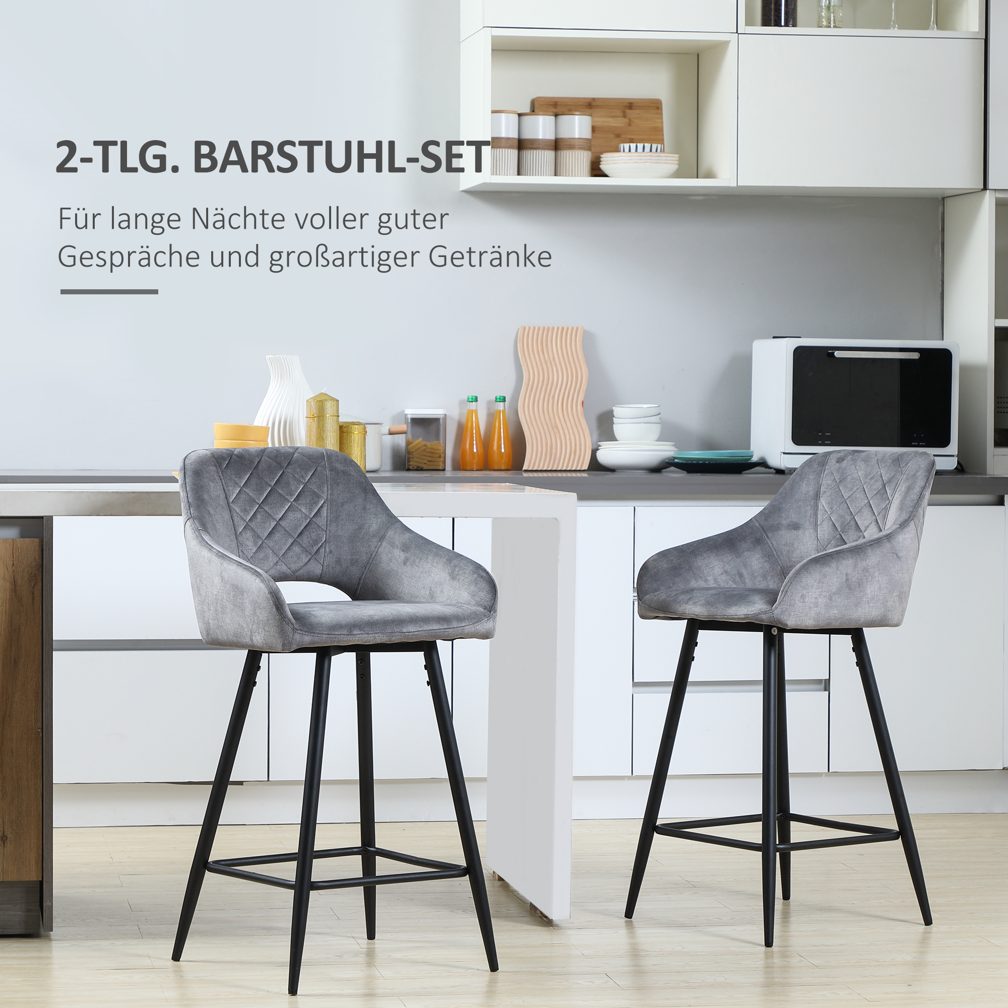 2er-Set Barhocker im Retrodesign, Samtoptik, inkl. Fußstütze 50 cm x 56 cm x 98 cm Grau