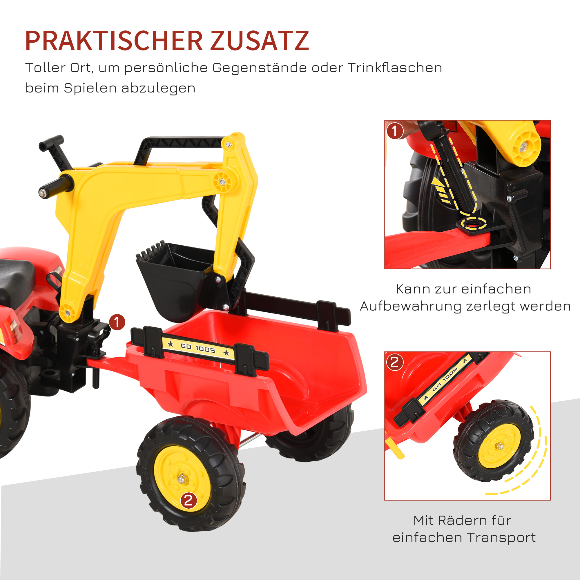 Trettraktor mit Anhänger, Frontlader, verstellbarer Schaufel, Traktor Tretfahrzeug für Kinder ab 3 Jahren Rot