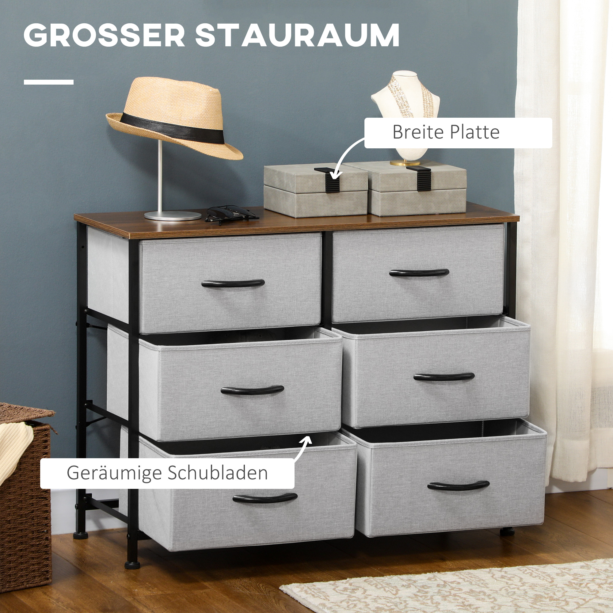 Kommode Sideboard, 6 Schubladen, Stoffschubladen, 80 cm x 30 cm x 62,5 cm, Braun + Schwarz + Grau