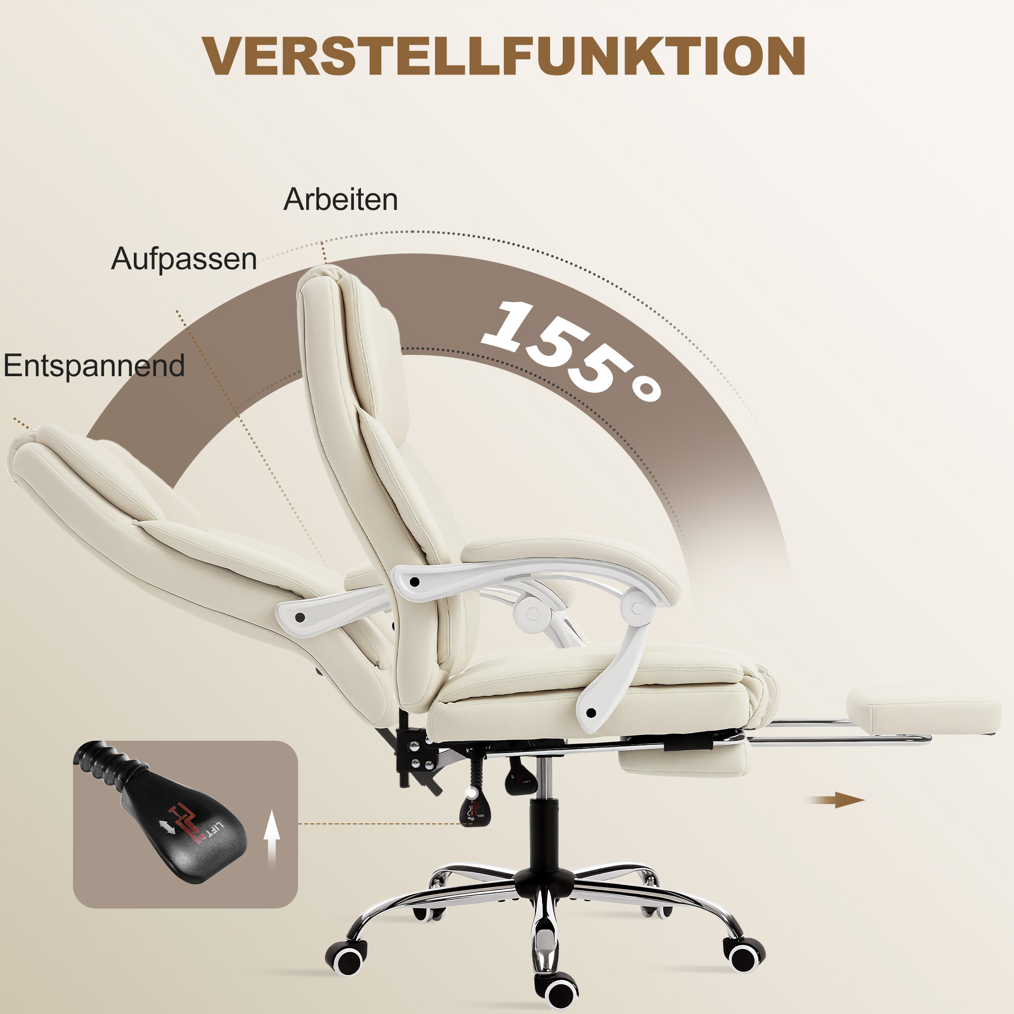 Bürostuhl mit Liegefunktion, Schreibtischstuhl, höhenverstellbar Drehstuhl mit Fußstütze, 64 x 73 x 120 cm, Beige