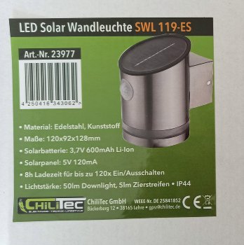 LED Solar Wandleuchte "SWL 119-ES" / PIR Bewegungsmelder, IP44, Edelstahl