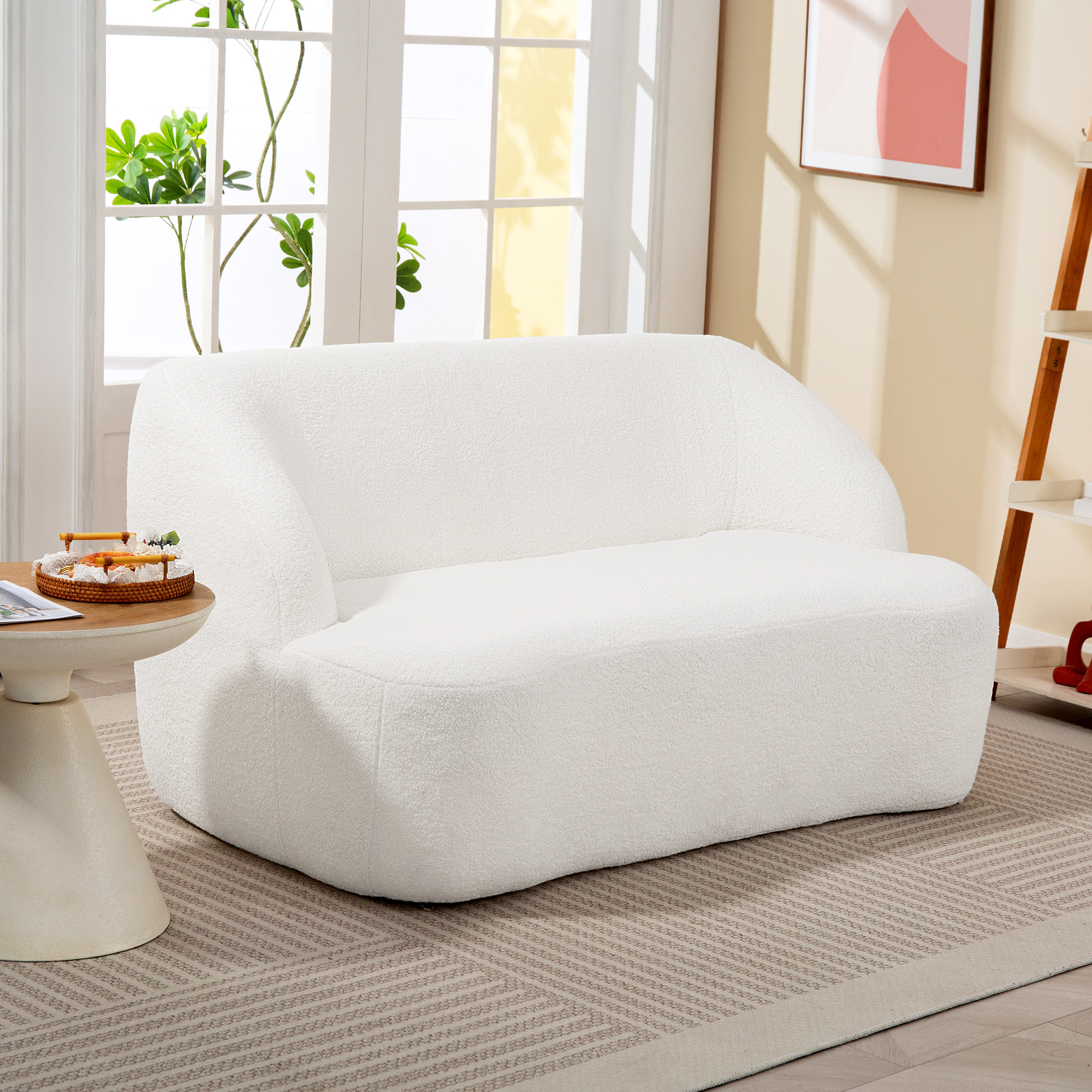 2-Sitzer-Sofa, geschwungenes Design, Polstersofa mit Fleece-Bezug, für Wohnzimmer, Schlafzimmer, Homeoffice, Cremeweiß