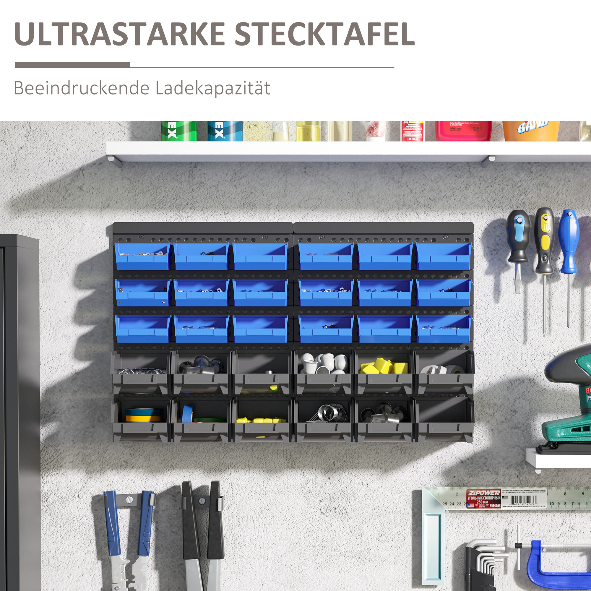 Schüttenregal, Werkstattmagazin, 30 Boxen in 2 Größen, stapelbar, 63x18x37,5cm, Blau