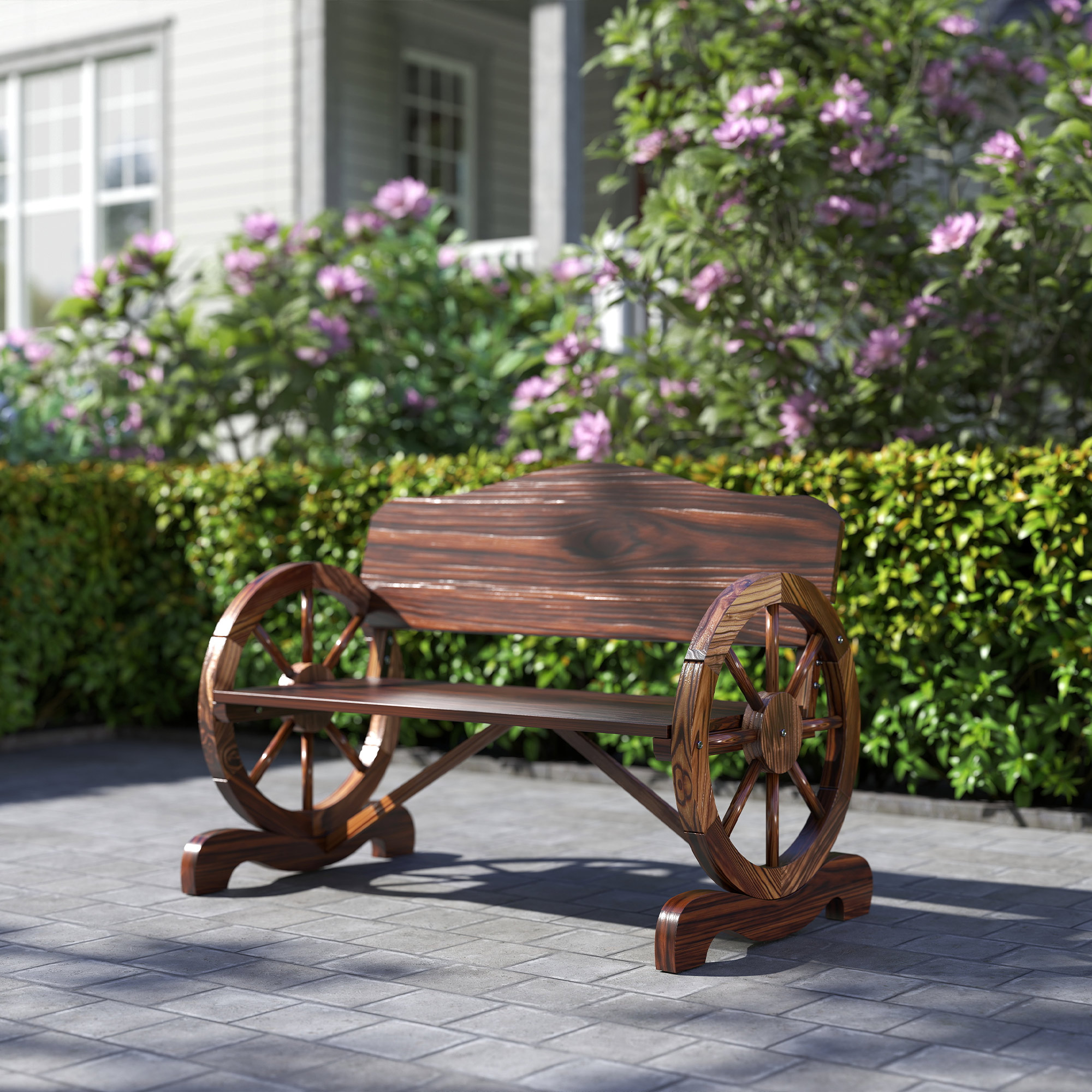 2-Sitzer Gartenbank mit Rad-Armlehnen, Rustikale Outdoor-Bank für Terrasse, Veranda, Fichtenholz, Braun