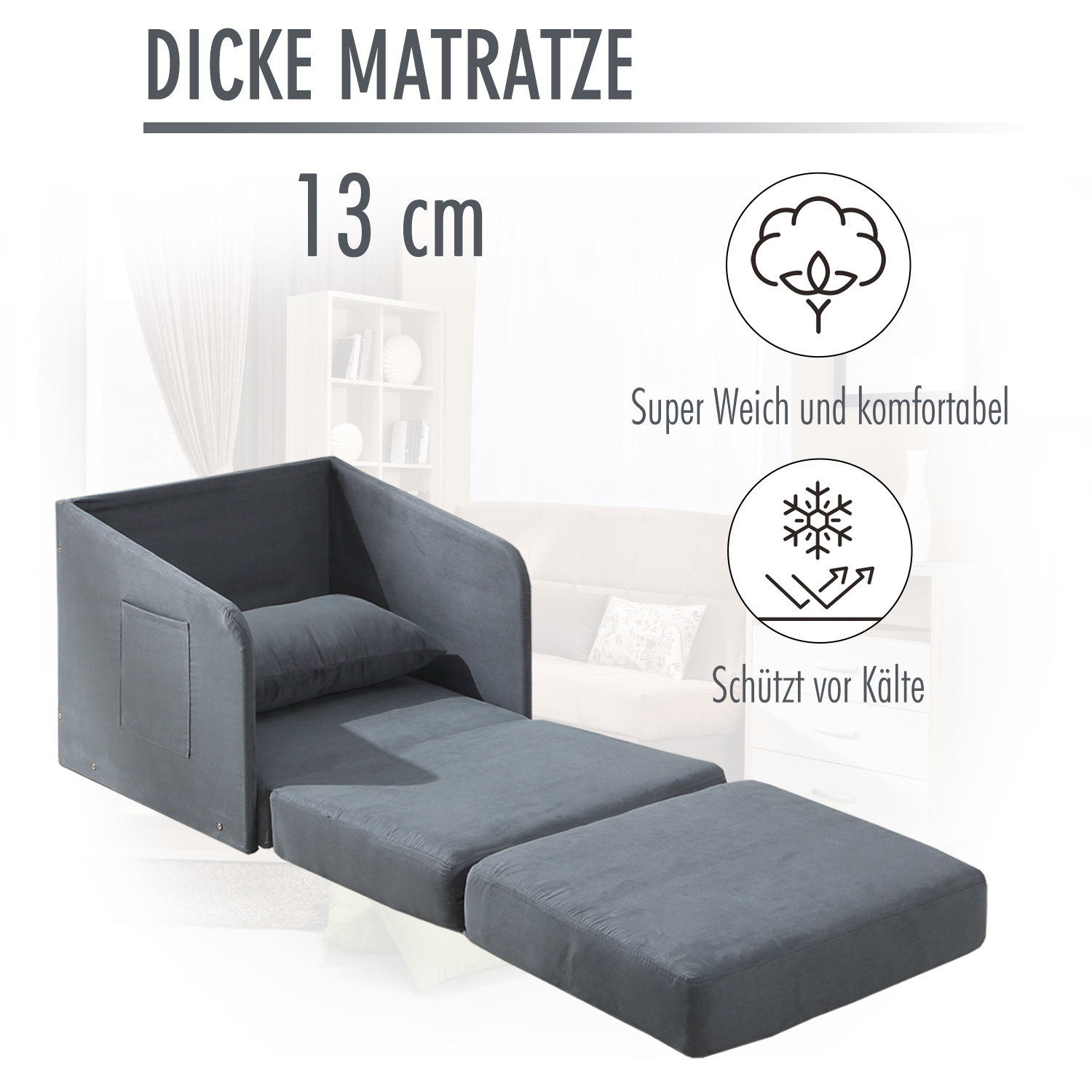 Schlafsofa Sofabett Einzelsofa Waschbarer Bezug 2 Seitentaschen Kissen Metall Grau 70 x 76 x 77 cm