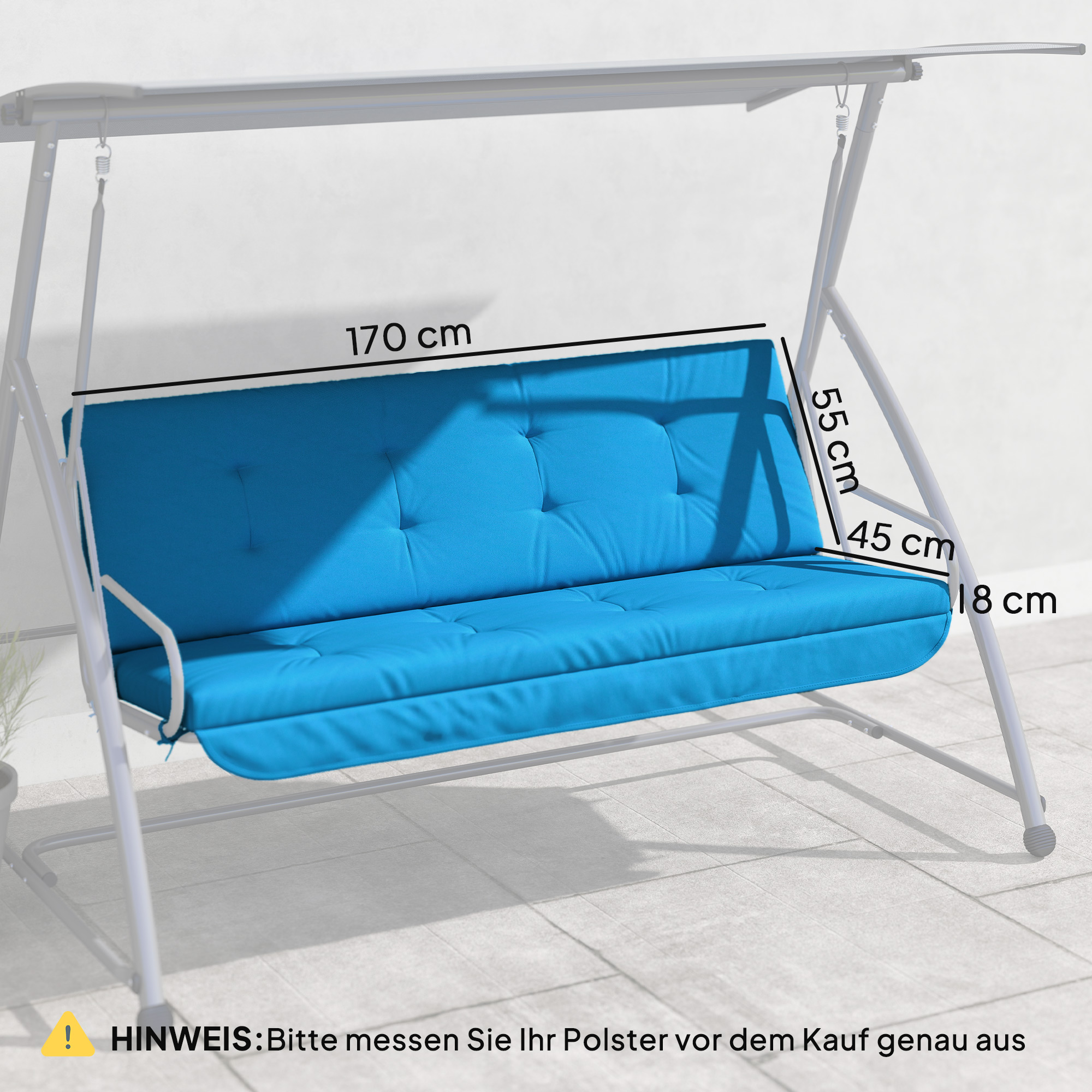 Auflagen-Set für Hollywoodschaukel 170 cm Stuhlkissen Schaukelauflage Sitzkissen Gartenschaukel Gartenpolster Rückenkissen Seitenkissen Blau