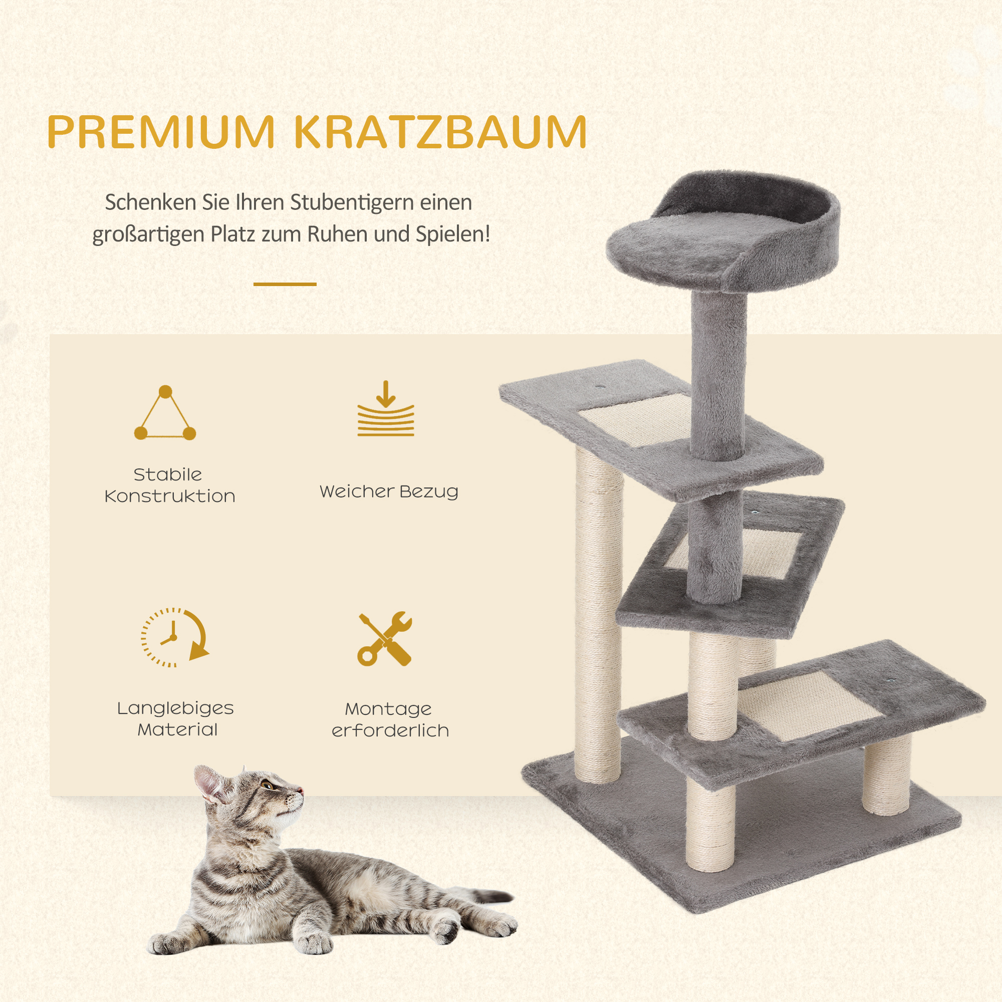 Kletterbaum Katzenbaum Spielbaum Katzenkratzbaum Treppe 5 Schichte Beige Grau 48,5 x 48,5 x 100 cm (LxBxH)