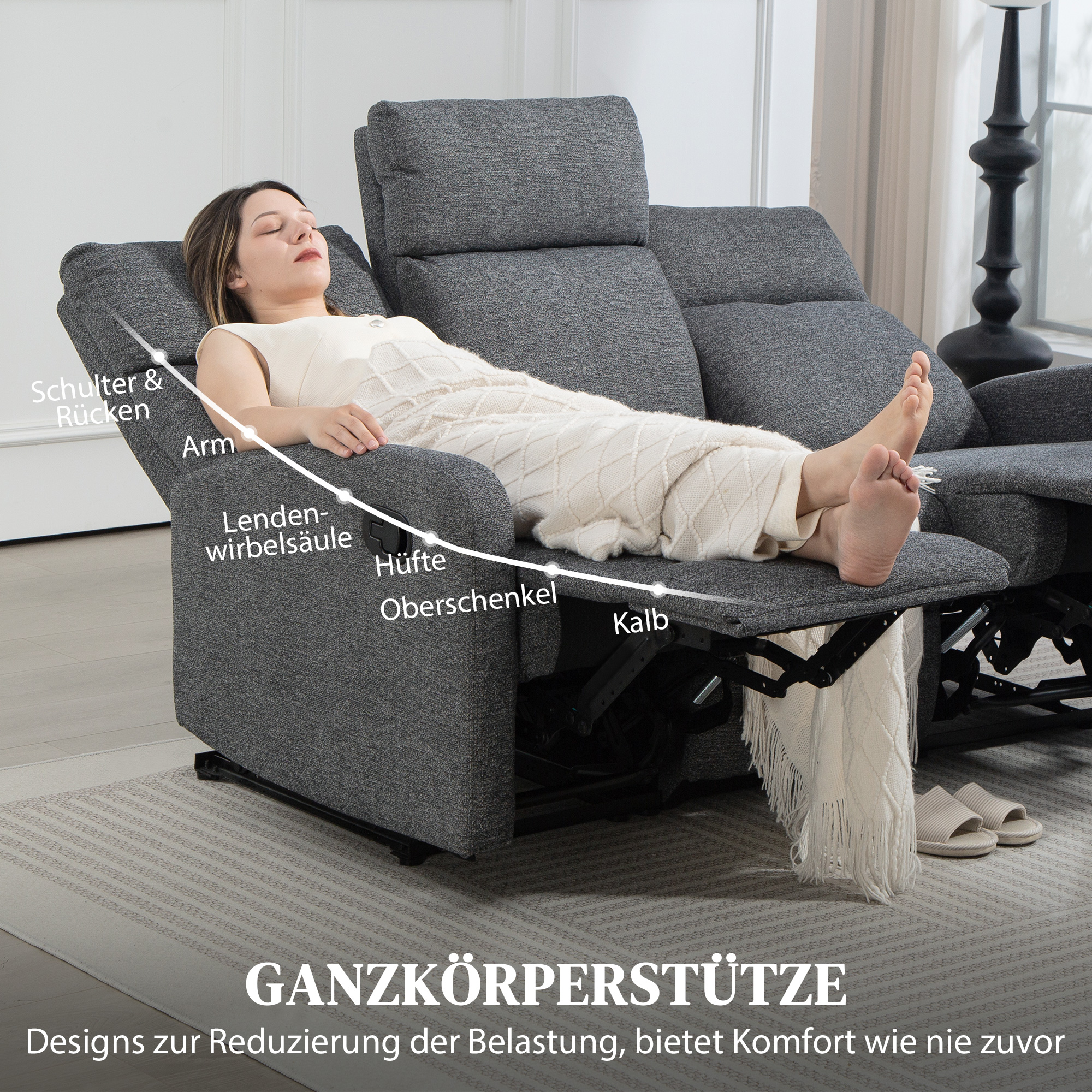 3-Sitzer-Sofa, individuell verstellbare Rückenlehnen, Fußstütze, Stoffbezug, Metall, Grau