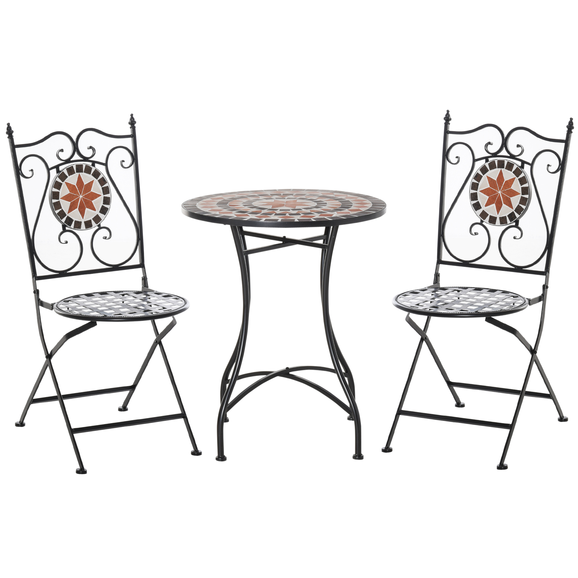 Gartenset Balkonmöbel Set für 2 Personen Mosaiktisch 2 faltbare Stühle Metall Mehrfarbig