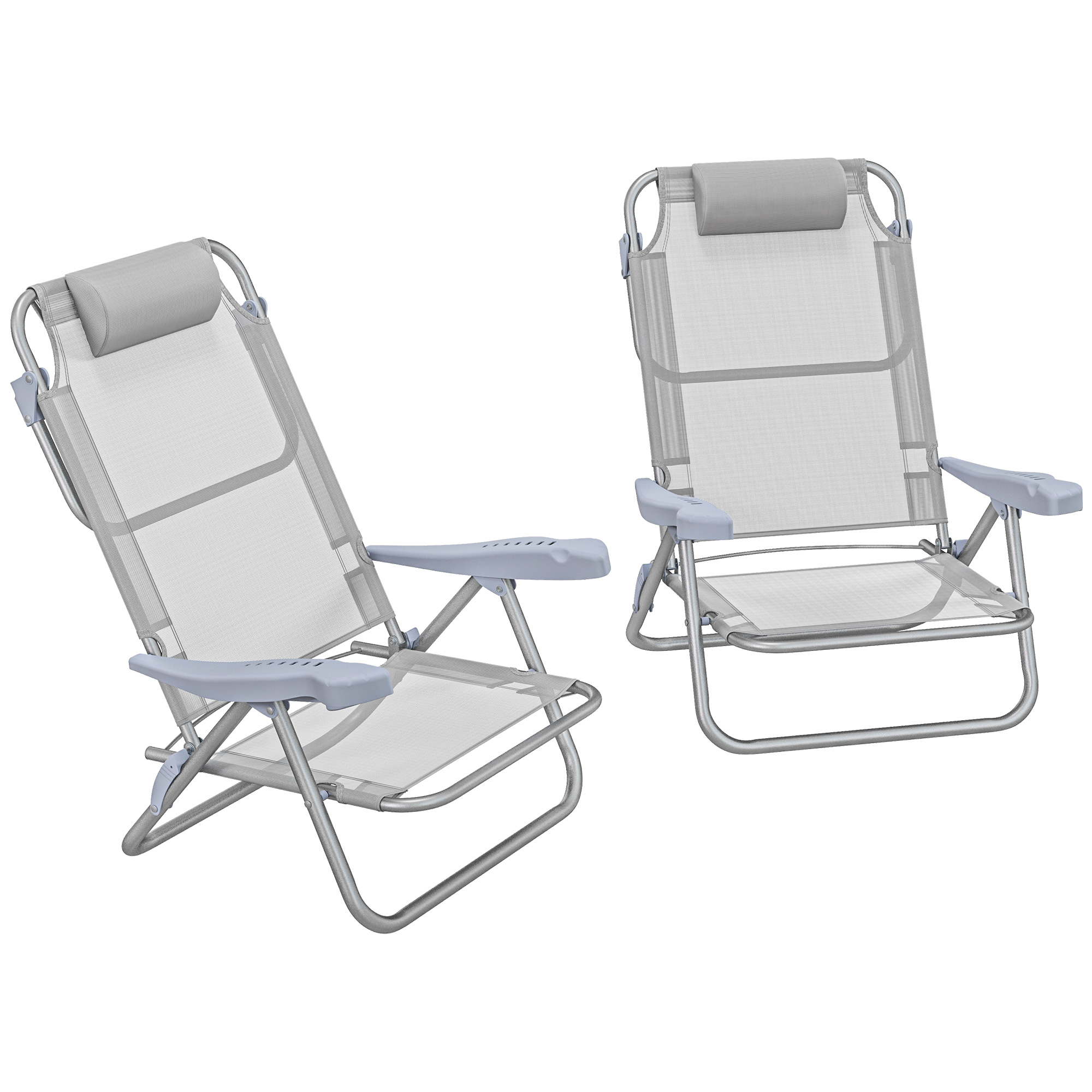 2er Set Campingstühle klappbar Campingstuhl mit 6-fach verstellbarer Netzrückenlehne Kopfstütze 62 x 65 x 80 cm Hellgrau