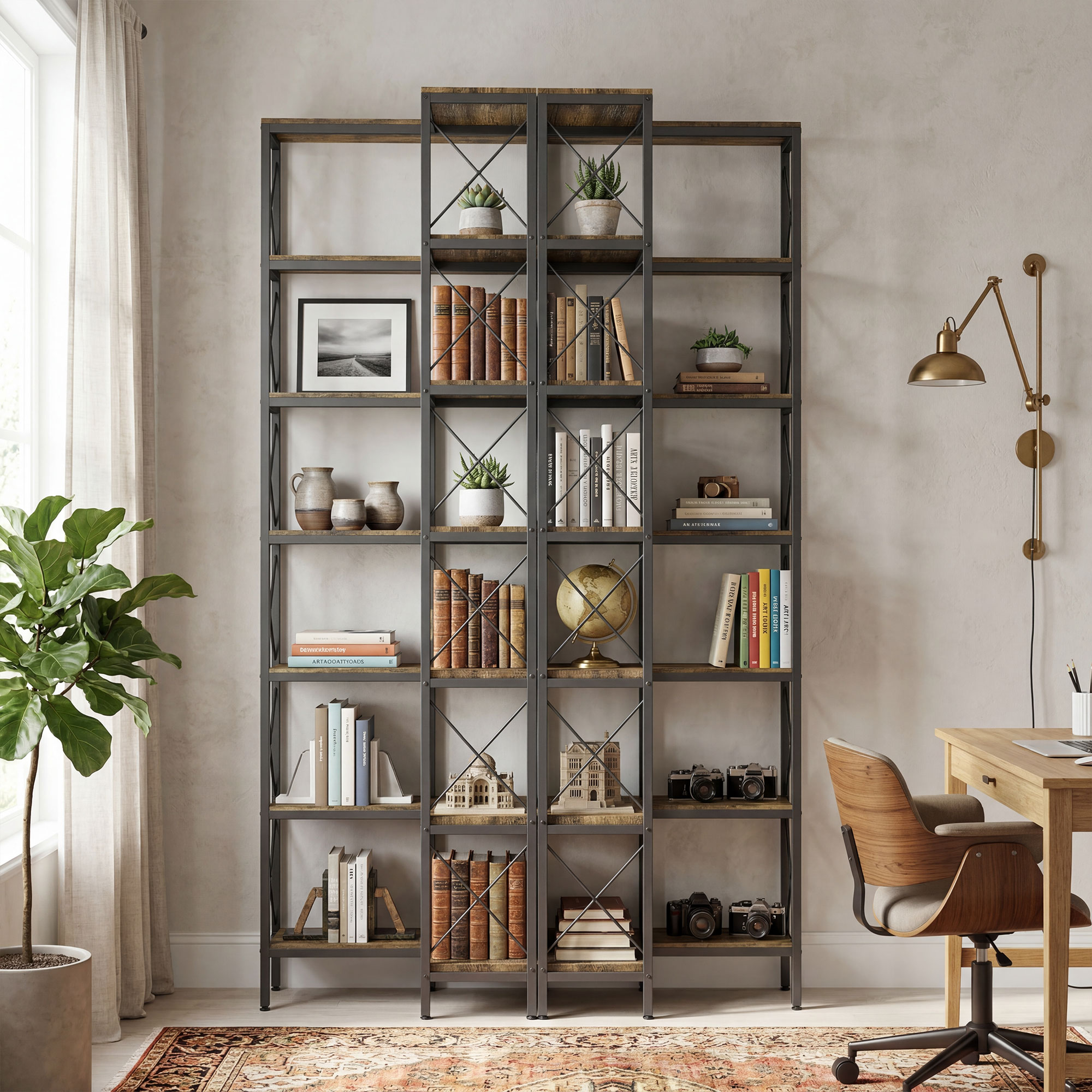 6-stufiges L-förmiges Bücherregal, freistehendes Eckregal mit Metallrahmen, rustikal braun, 60 x 60 x 200 cm