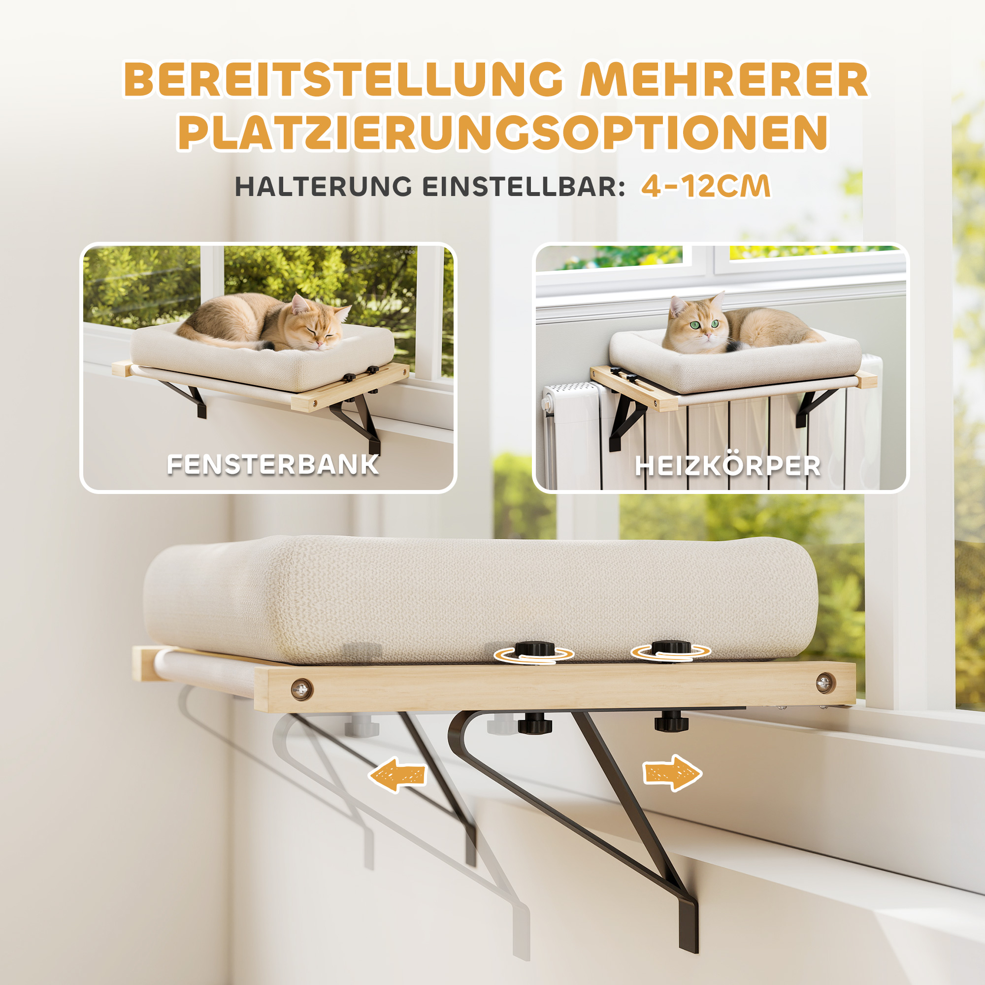 Katzenhaus mit Halterung für Fensterbänke und Heizungen, Kissen, Holzrahmen, Weiß