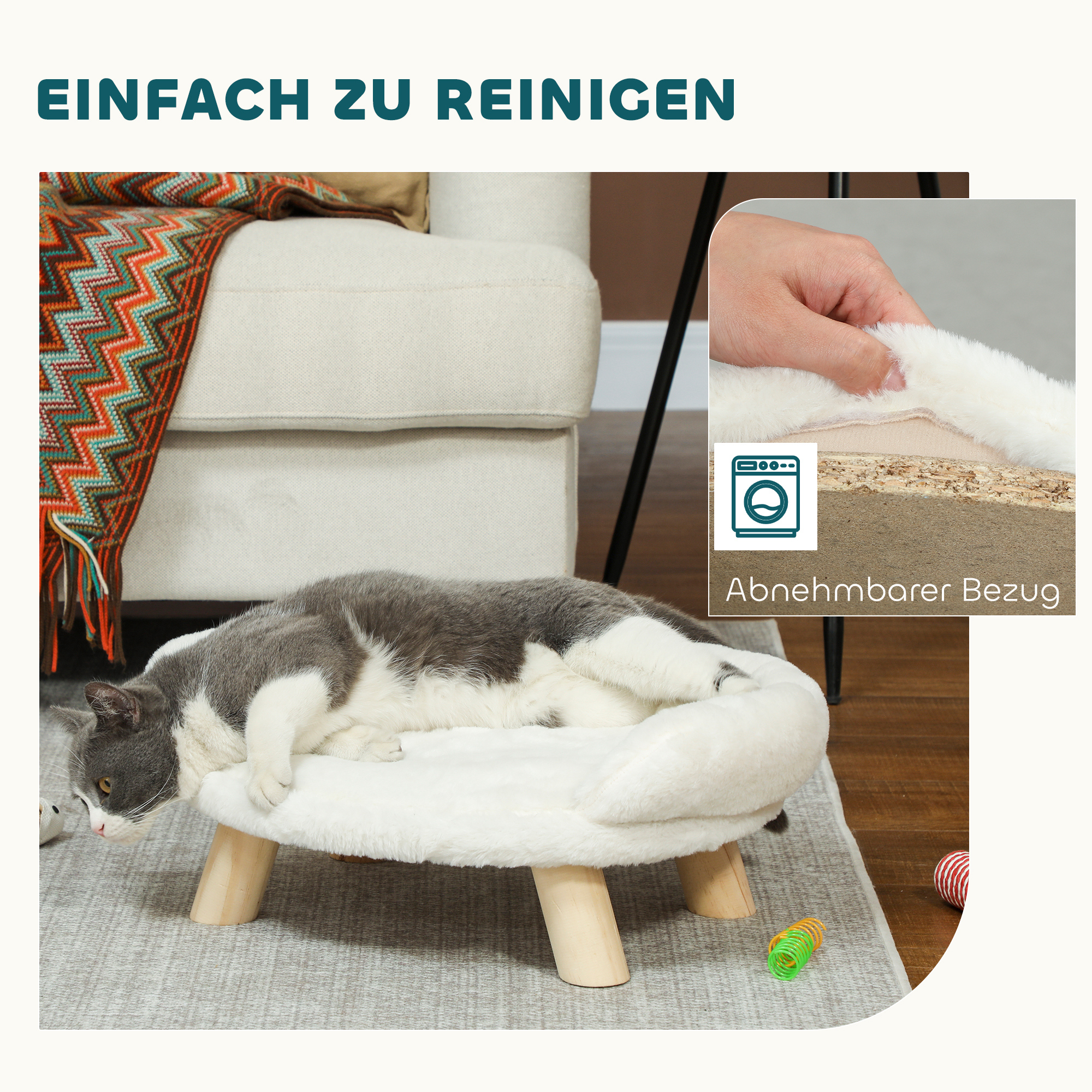 Haustierbett für Katzen und Hunde bis 5kg/30cm, waschbarer Plüschbezug, Cremeweiß, 47 x 40 x 20 cm