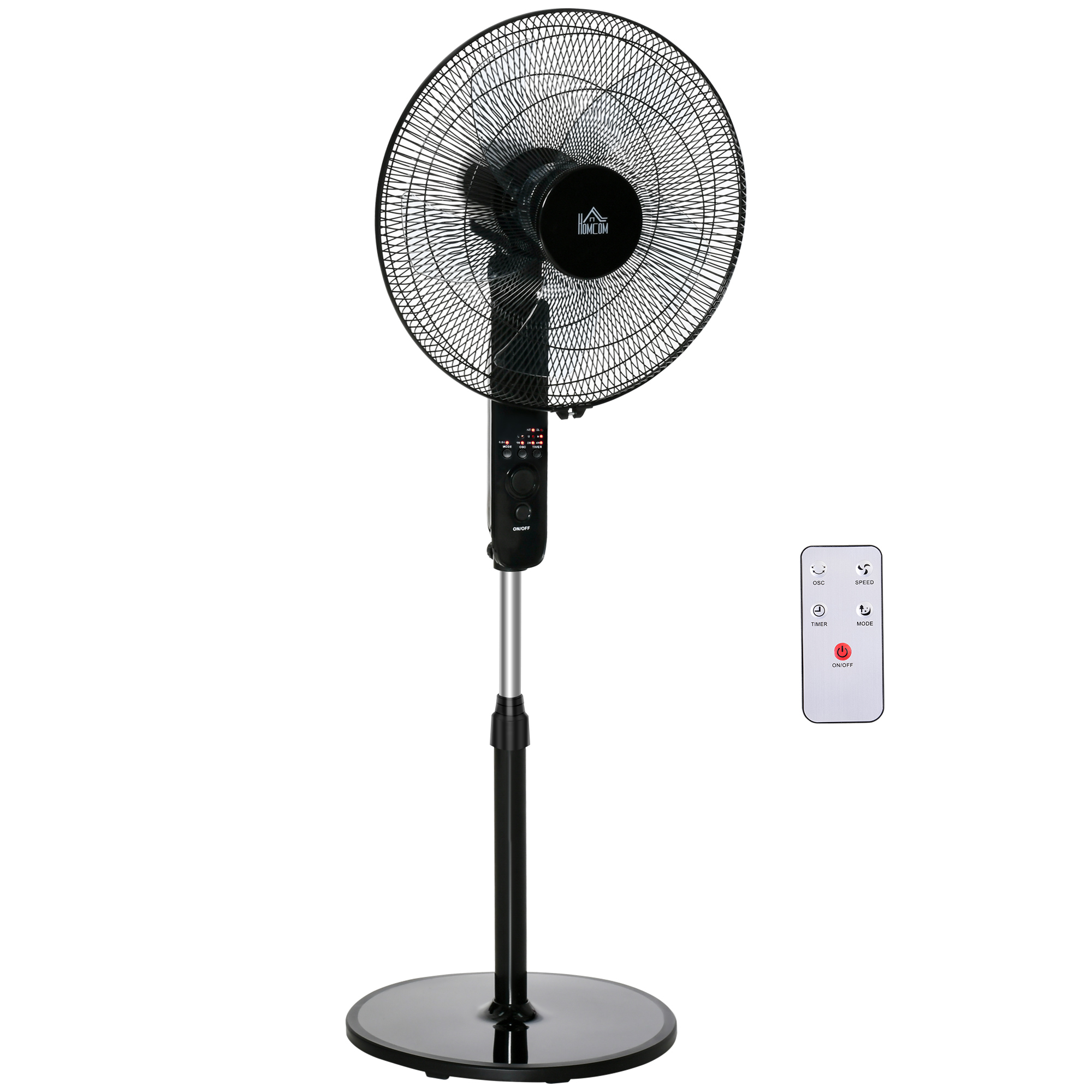Standventilator mit Fernbedienung, Ventilator, Höhenverstellbarer Lüfter, 3 Geschwindigkeitsstufen, Verstellbarer Neigungswinkel, Metall, Schwarz, Ø44,5 x H110-124 cm