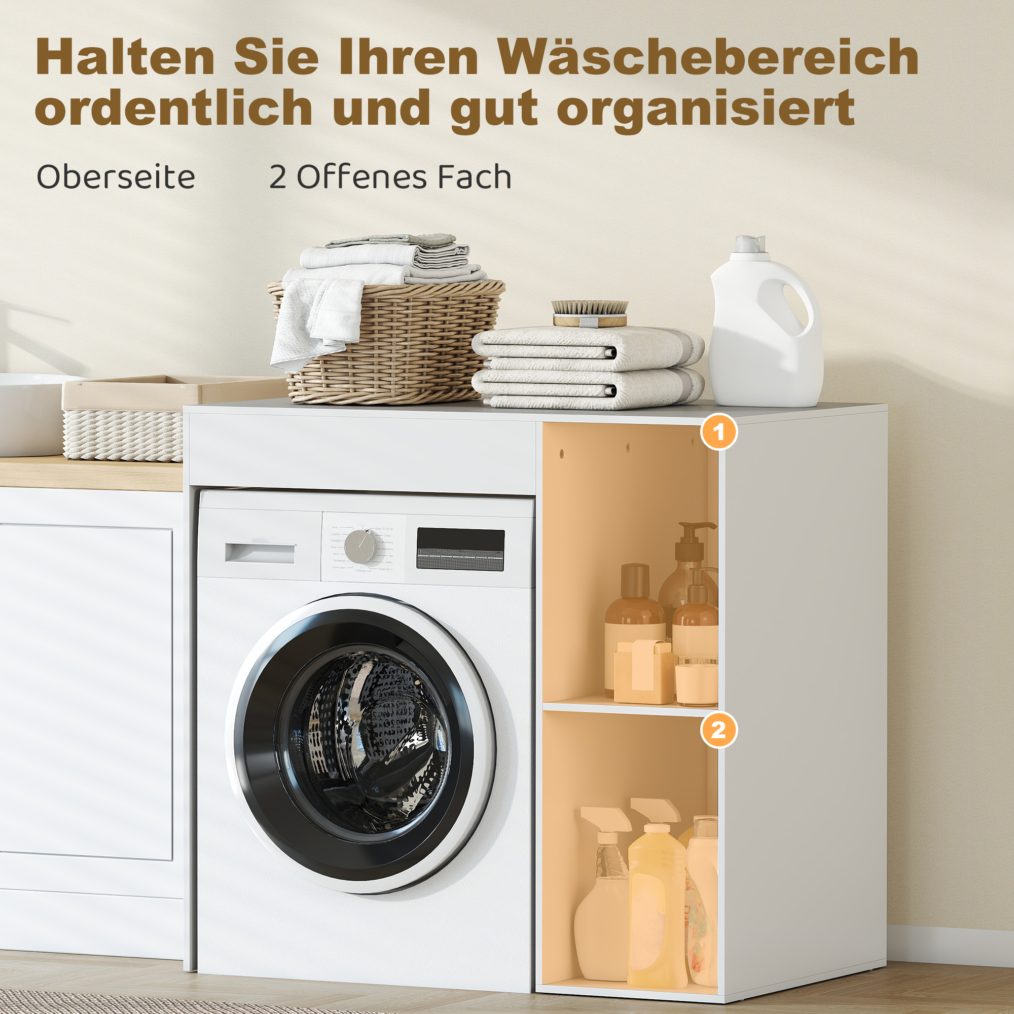 Schrank über Waschmaschine, Bad-Organizer über Toilette mit offenen Ablagefächern für Waschraum, Weiß