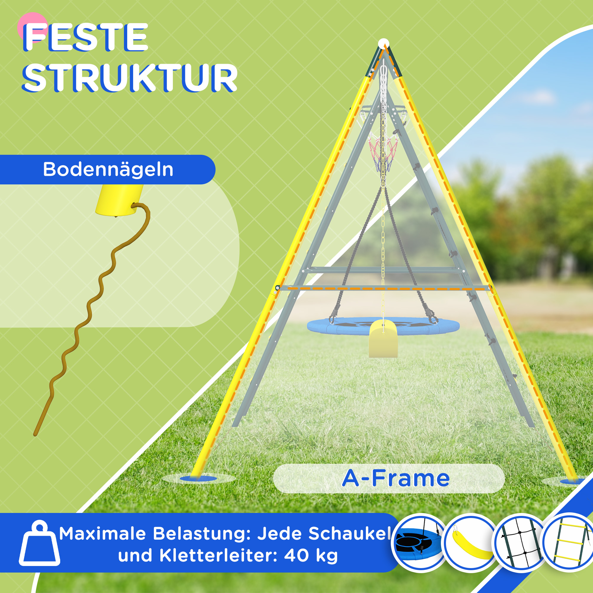 Kinderschaukel-Gerüst mit 2 Schaukeln, Basketballkorb, Kletterleiter, 267x180x202 cm, Gelb