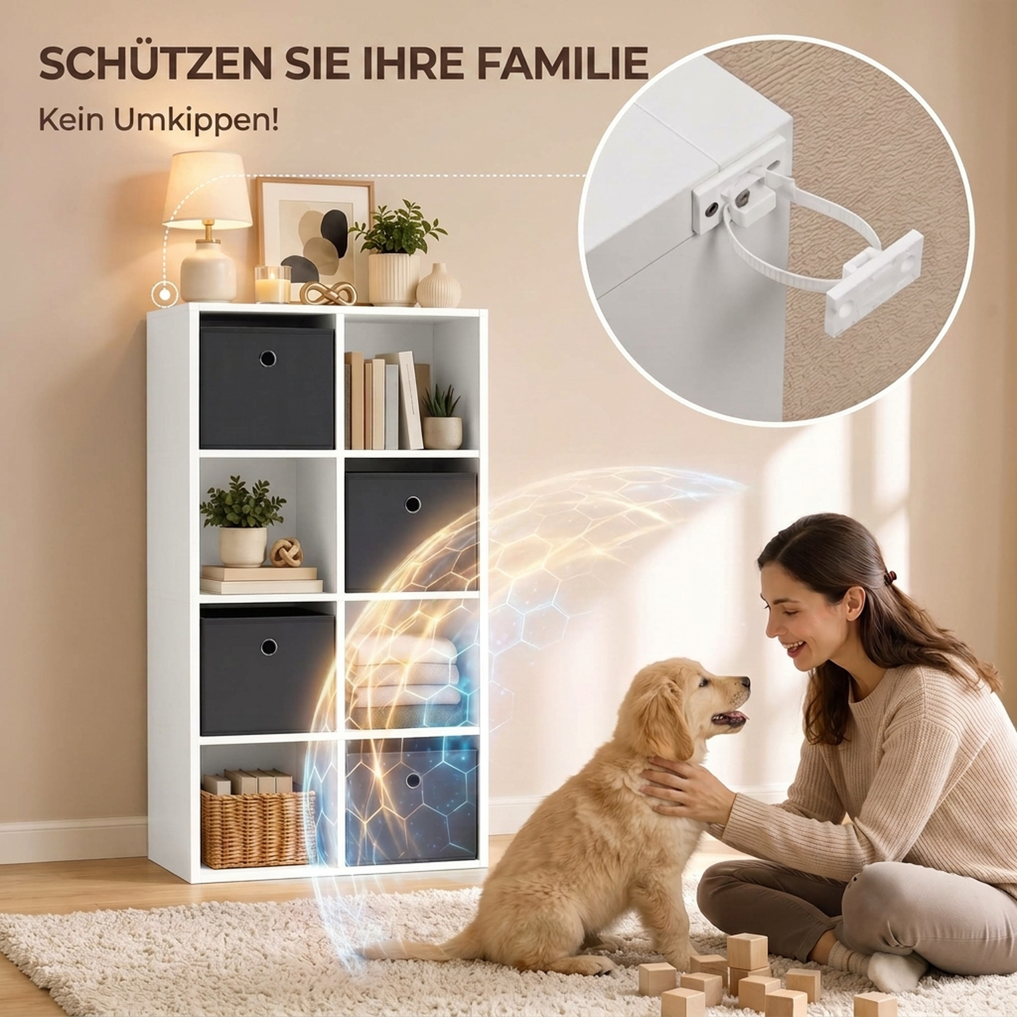 Regal mit 8 Fächern und 4 Stoffschubladen, Aufbewahrungsregal, vielseitig, Grau